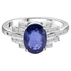 Real 2.46 Carat Blue Sapphire 0.24 Carat SI/H Diamond Ring 18 Karat White Gold