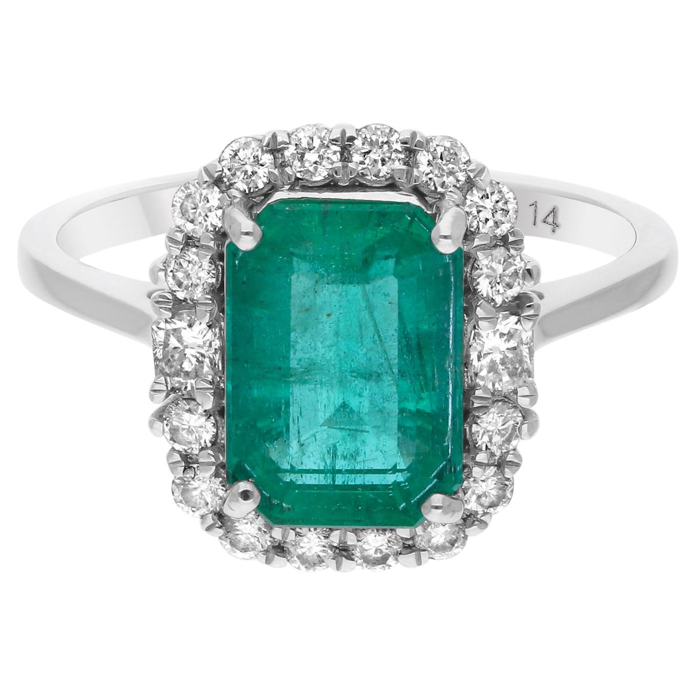 Real 2.48 Carat Zambian Emerald Ring 0.43 Carat SI/H Diamond 14 Karat White Gold