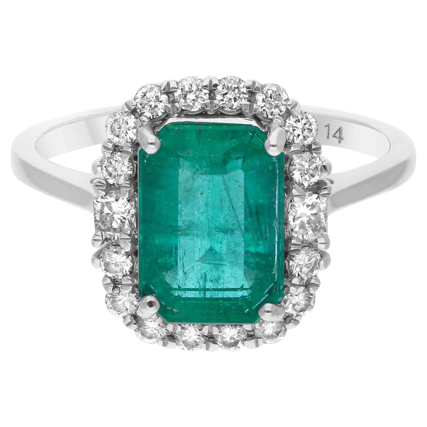 Bague réelle en or blanc 14 carats avec émeraude de Zambie de 2,48 carats et diamants de 0,43 carat SI/H