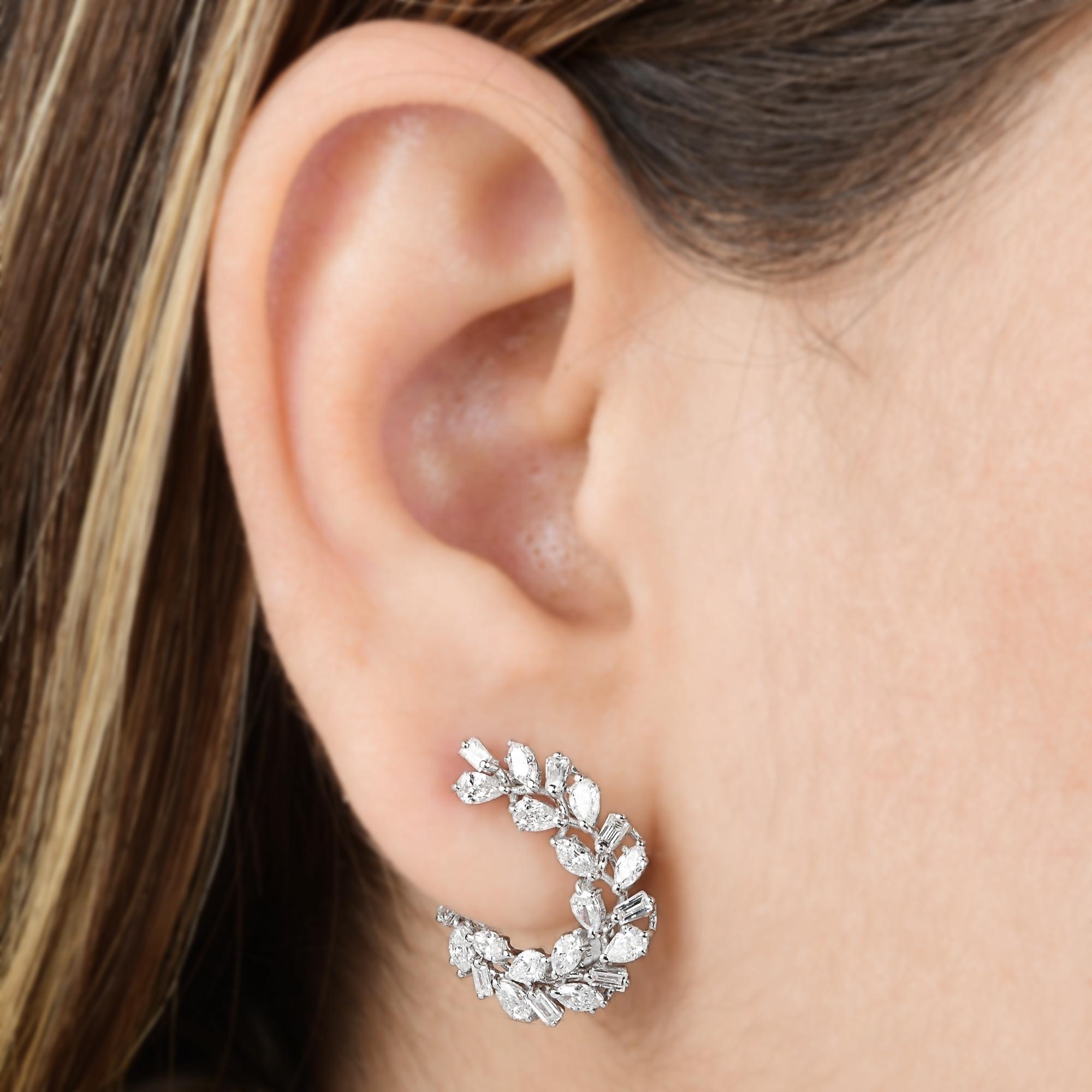Moderne Real 2.50 Carat SI/H Marquise Baguette Diamond Hoop Earrings 10 Karat White Gold en vente