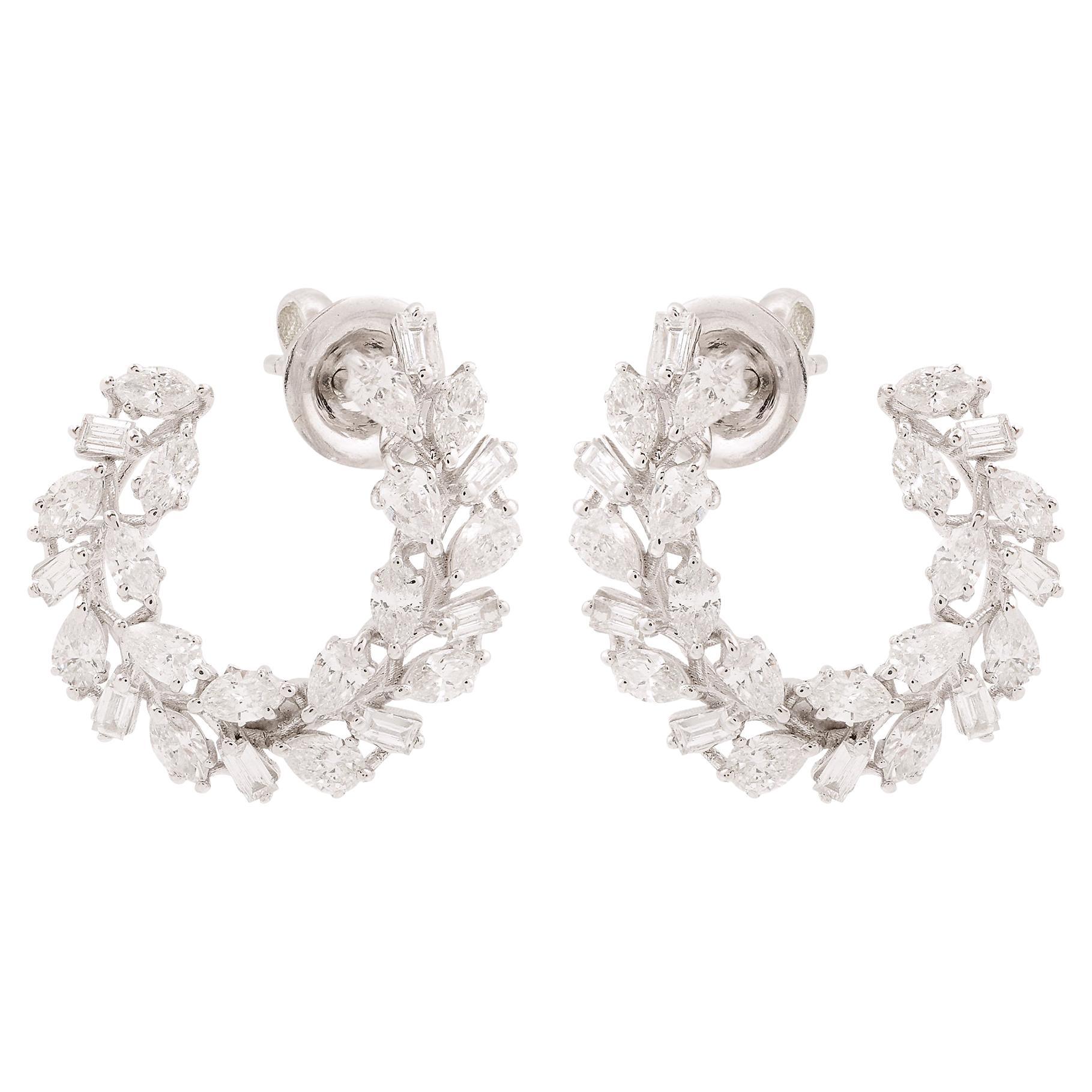 Real 2.50 Carat SI/H Marquise Baguette Diamond Hoop Earrings 10 Karat White Gold