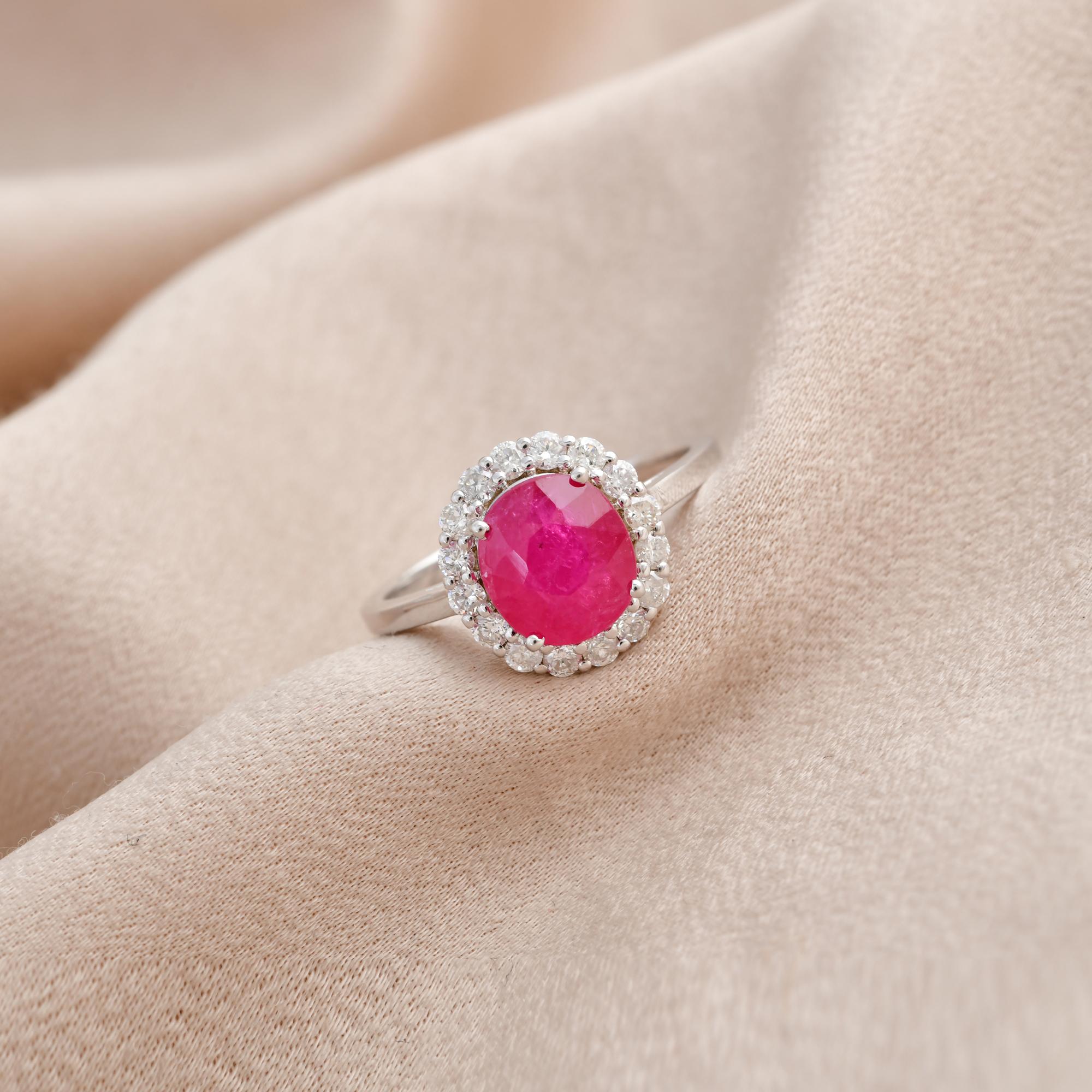 Round Cut Real 2.55 Carat Ruby 0.45 Carat Diamond Halo Engagement Ring 18 Karat White Gold For Sale