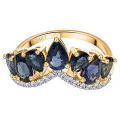 2.59 Carat Blue Sapphire 0.23 Carat Si/H Diamond Chevron Ring 14K Yellow Gold