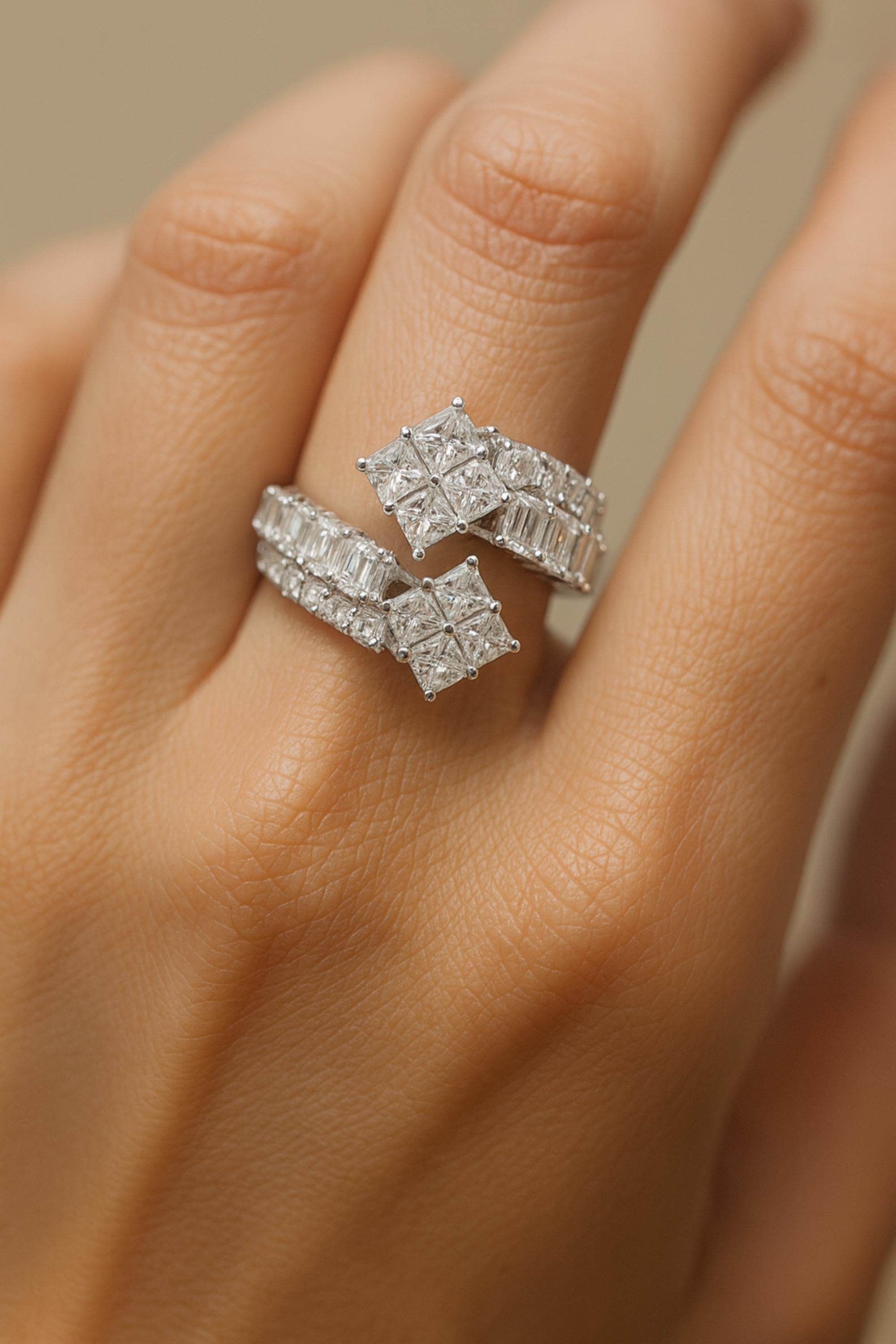 For Sale:  Natural 2.6 Carat Princess Cut SI/H Diamond Open Band Ring 18 Karat White Gold 2