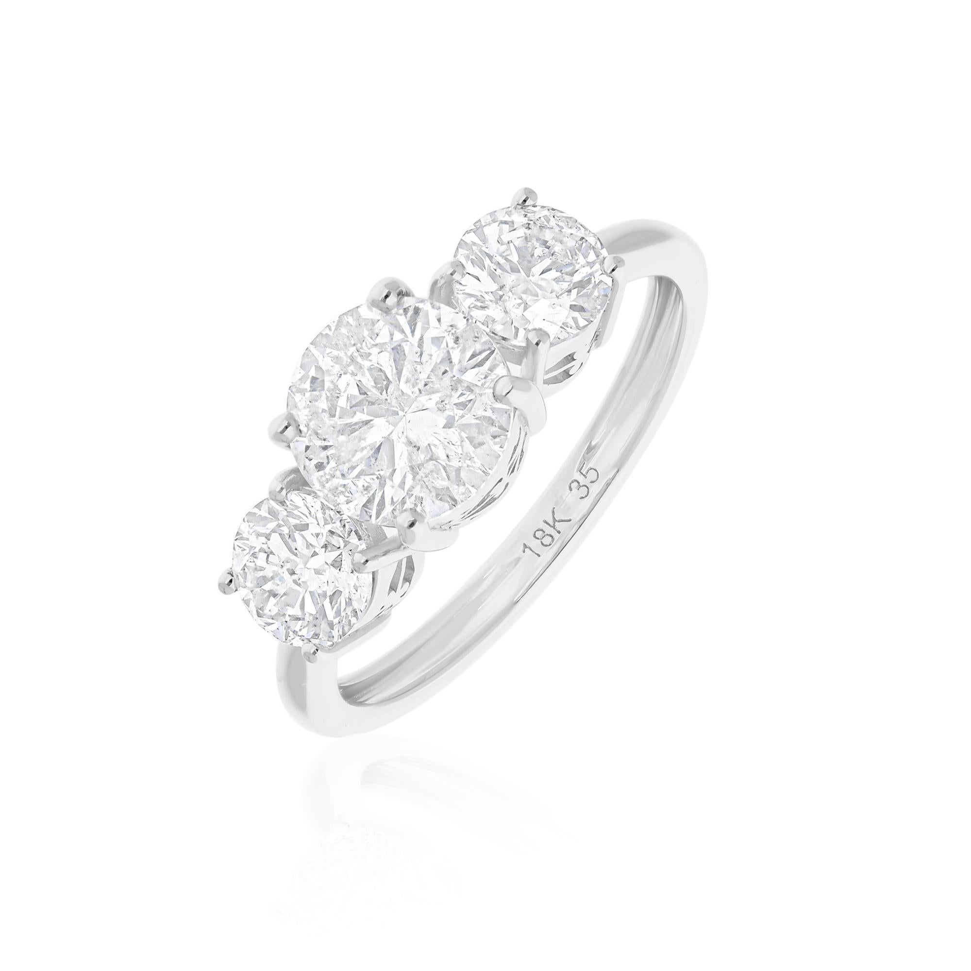 Modern Real 2.63 Carat SI/H Round Brilliant Cut Three Diamond Ring 18 Karat White Gold For Sale