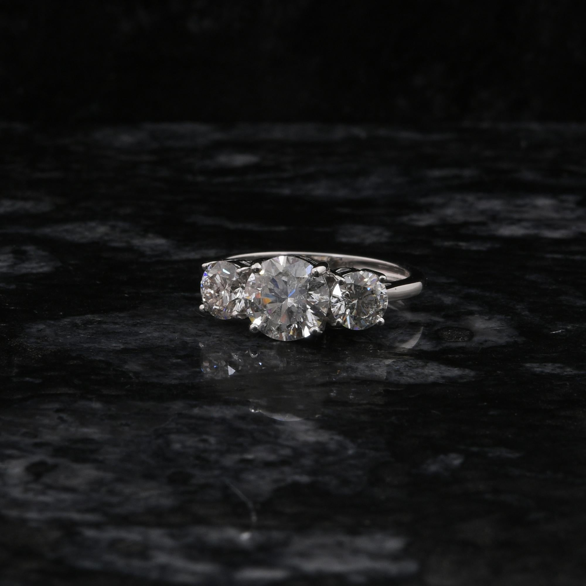 Women's Real 2.63 Carat SI/H Round Brilliant Cut Three Diamond Ring 18 Karat White Gold For Sale