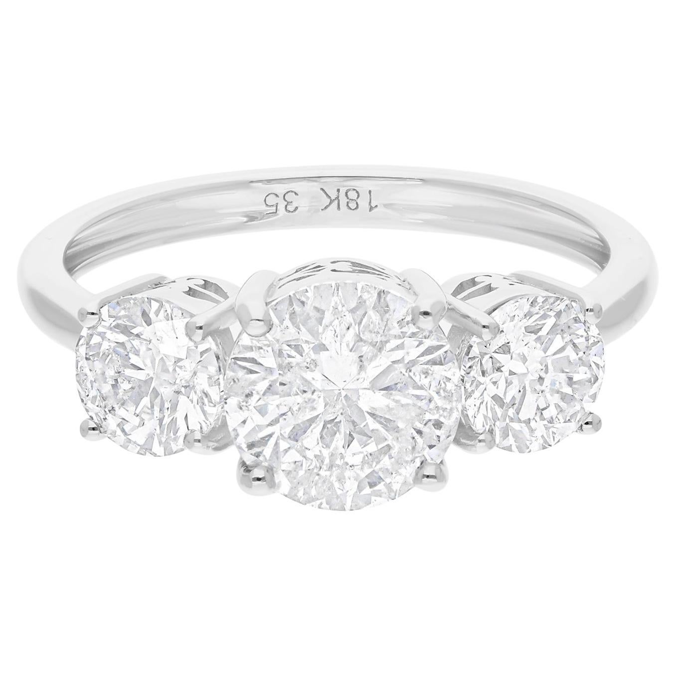Real 2.63 Carat SI/H Round Brilliant Cut Three Diamond Ring 18 Karat White Gold