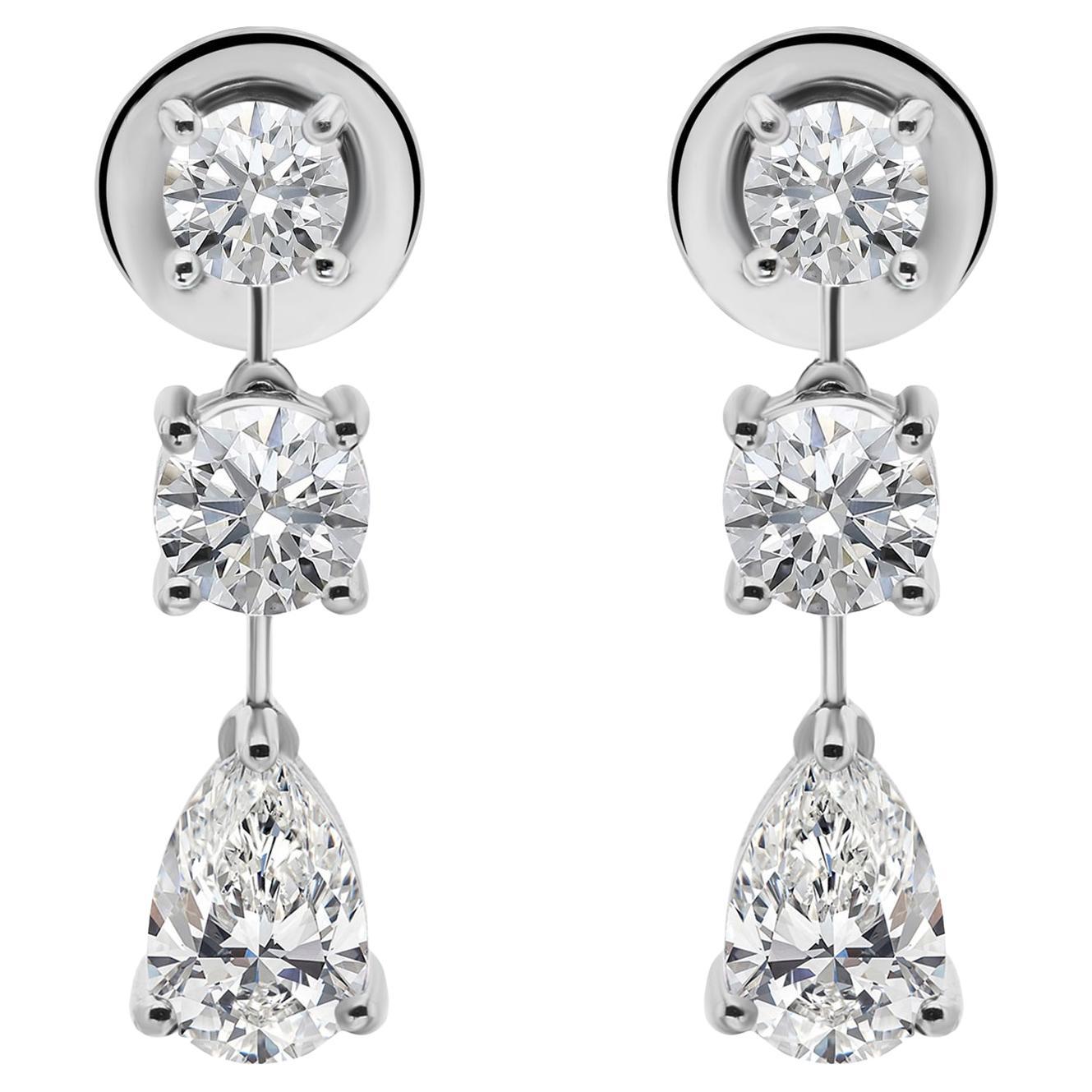 Real 2.66 Carat SI Clarity HI Color Diamond Dangle Earrings 18 Karat White Gold