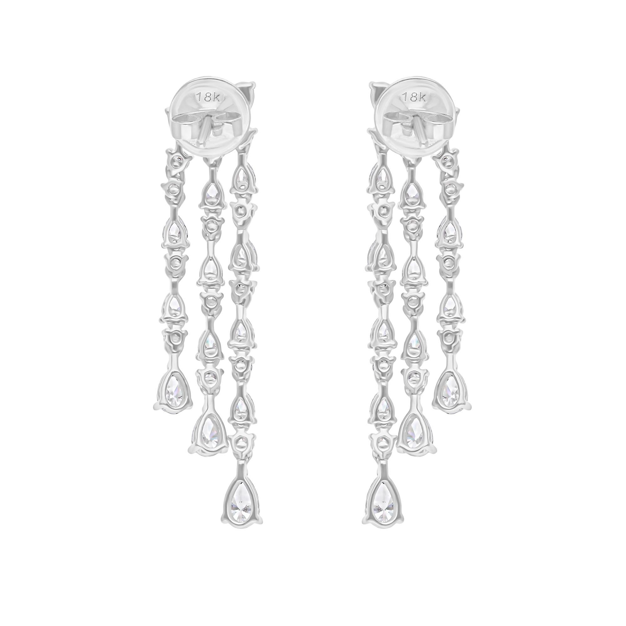 Pear Cut Real 2.82 Carat SI/H Pear Round Diamond Chandelier Earrings 18 Karat White Gold For Sale
