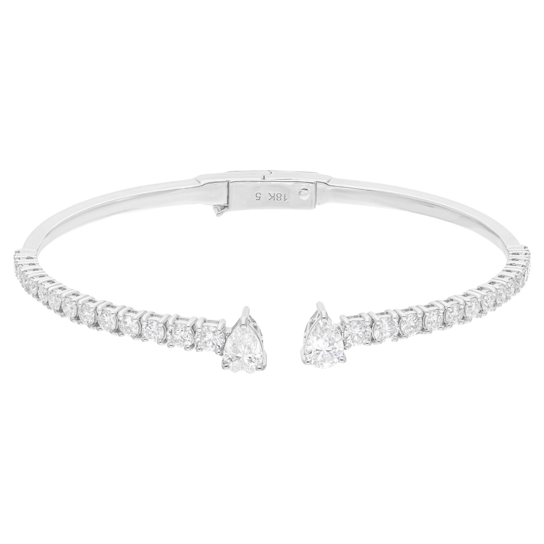 Real 2.85 Carat SI/H Pear Round Diamond Cuff Bangle Bracelet 18 Karat White Gold