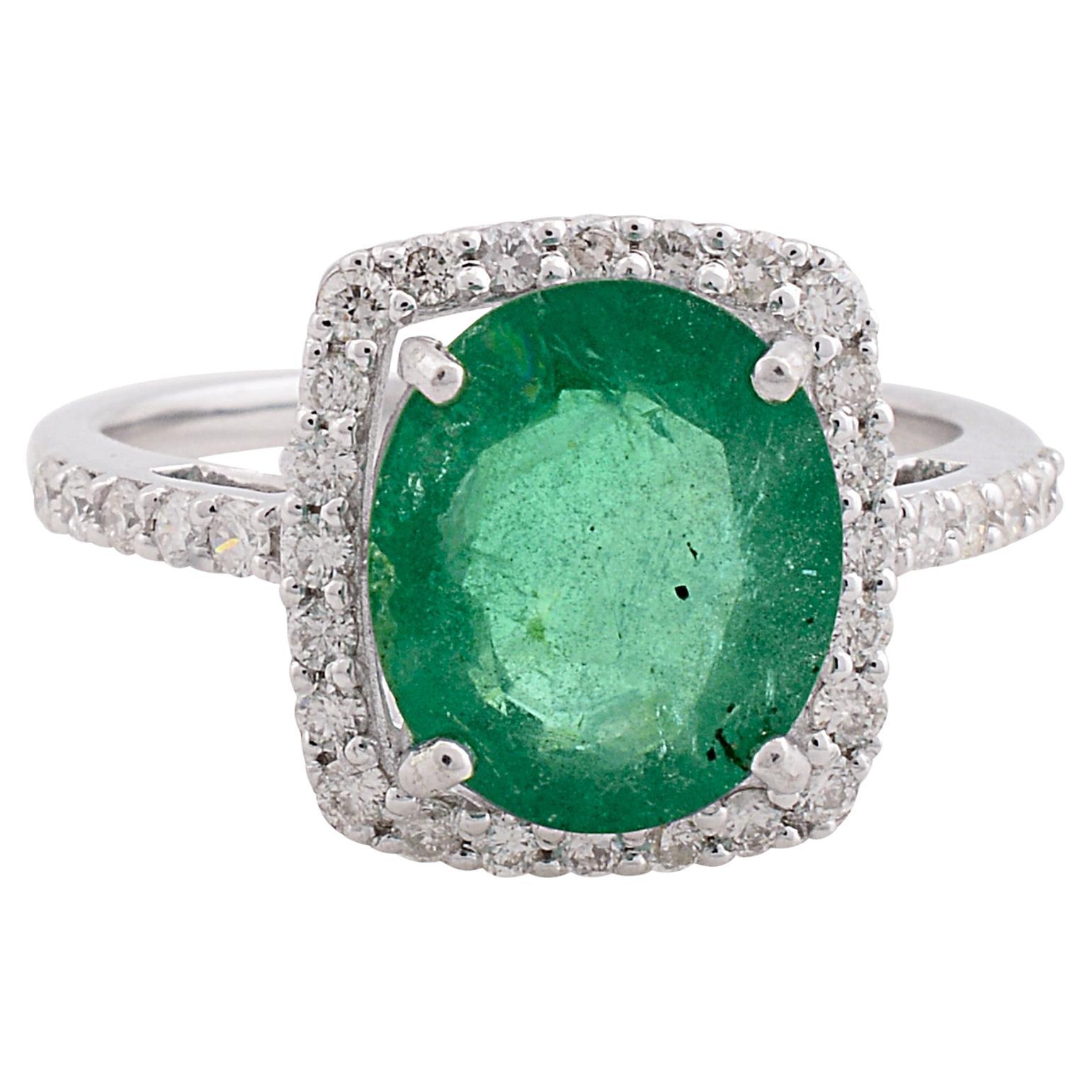 Real 2.86 Carat Zambian Emerald 0.40 Carat SI/H Diamond 10 Karat White Gold Ring