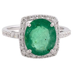 Bague en or blanc 10 carats avec émeraude de Zambie de 2,86 carats et diamants de 0,40 carat SI/H