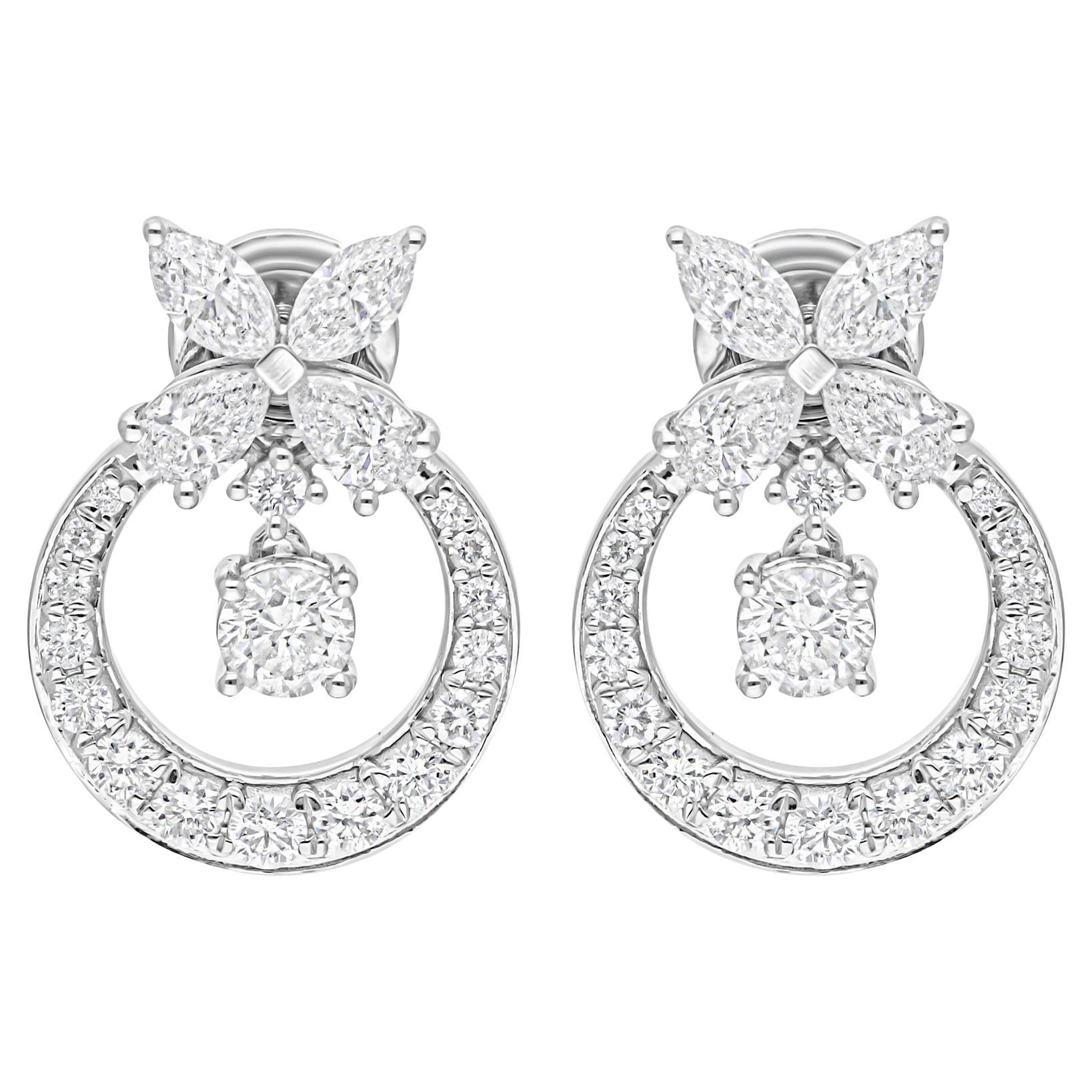 Boucles d
oreilles véritables en or blanc 18 carats avec diamants taille poire marquise 2,91 carats SI/H