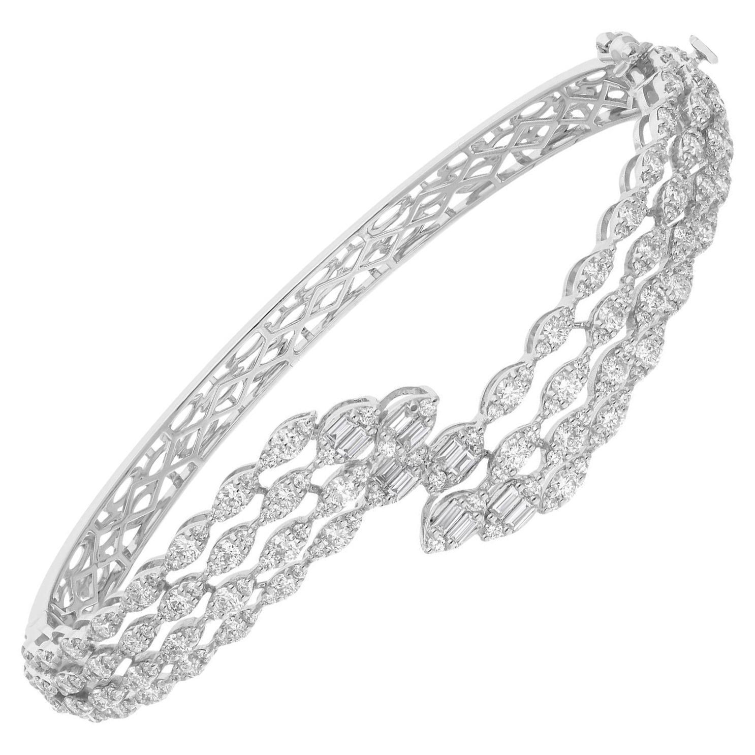 Real 3.06 Carat SI/H Baguette Round Diamond 18K White Gold Wrap Bangle Bracelet
