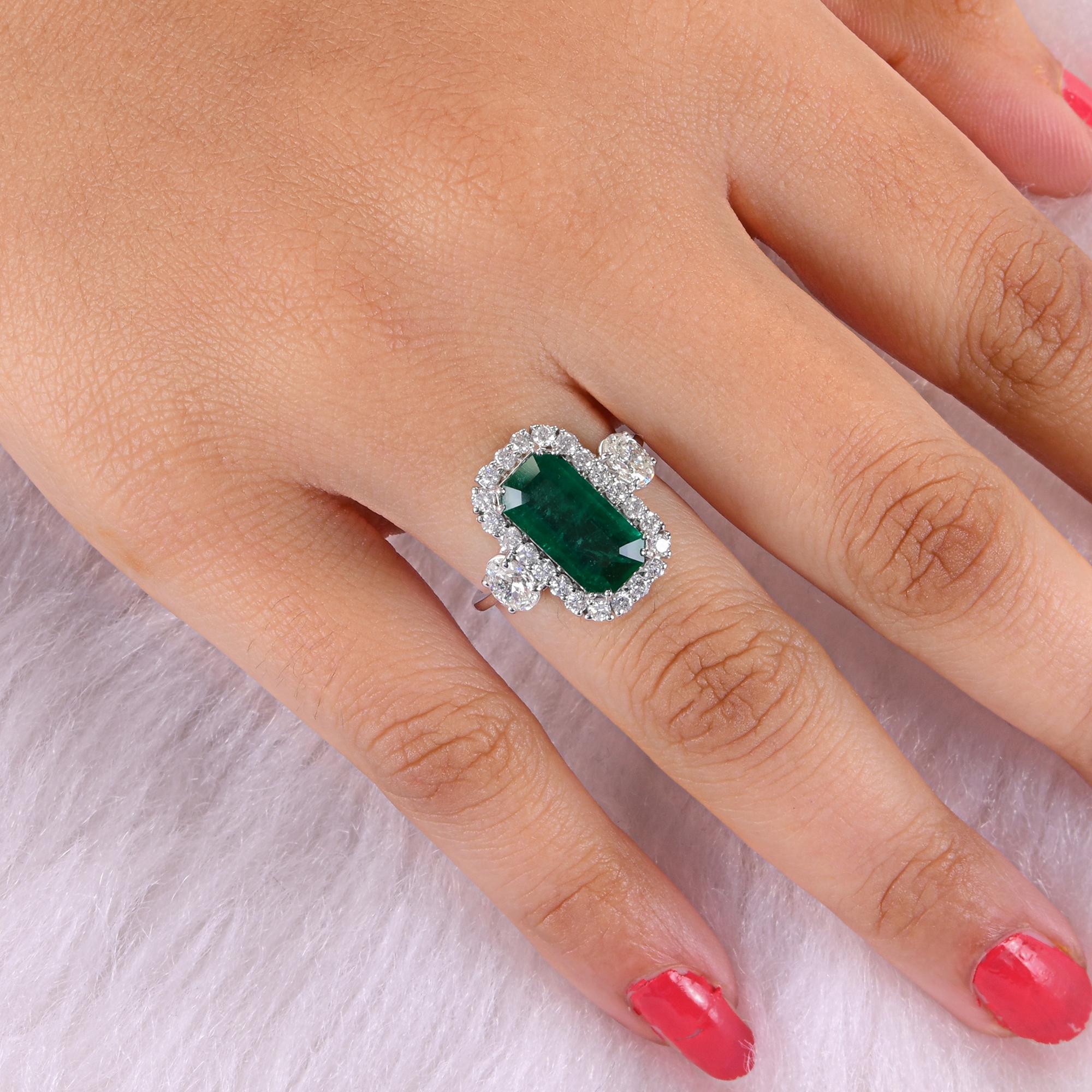 Emerald Cut Real 3.06 Carat Zambian Emerald Ring 1.30 Carat SI/H Diamond 18 Karat White Gold For Sale