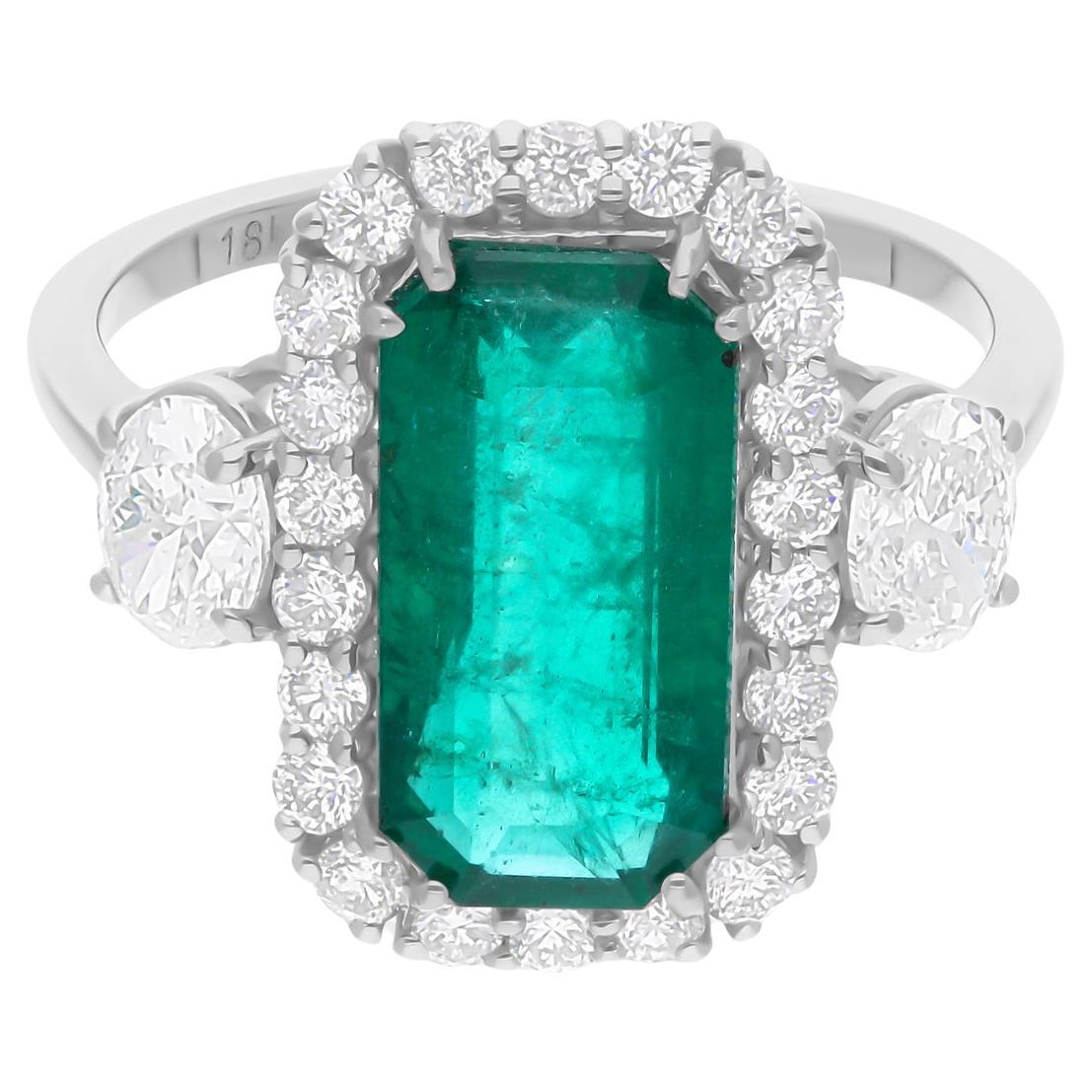 Real 3.06 Carat Zambian Emerald Ring 1.30 Carat SI/H Diamond 18 Karat White Gold