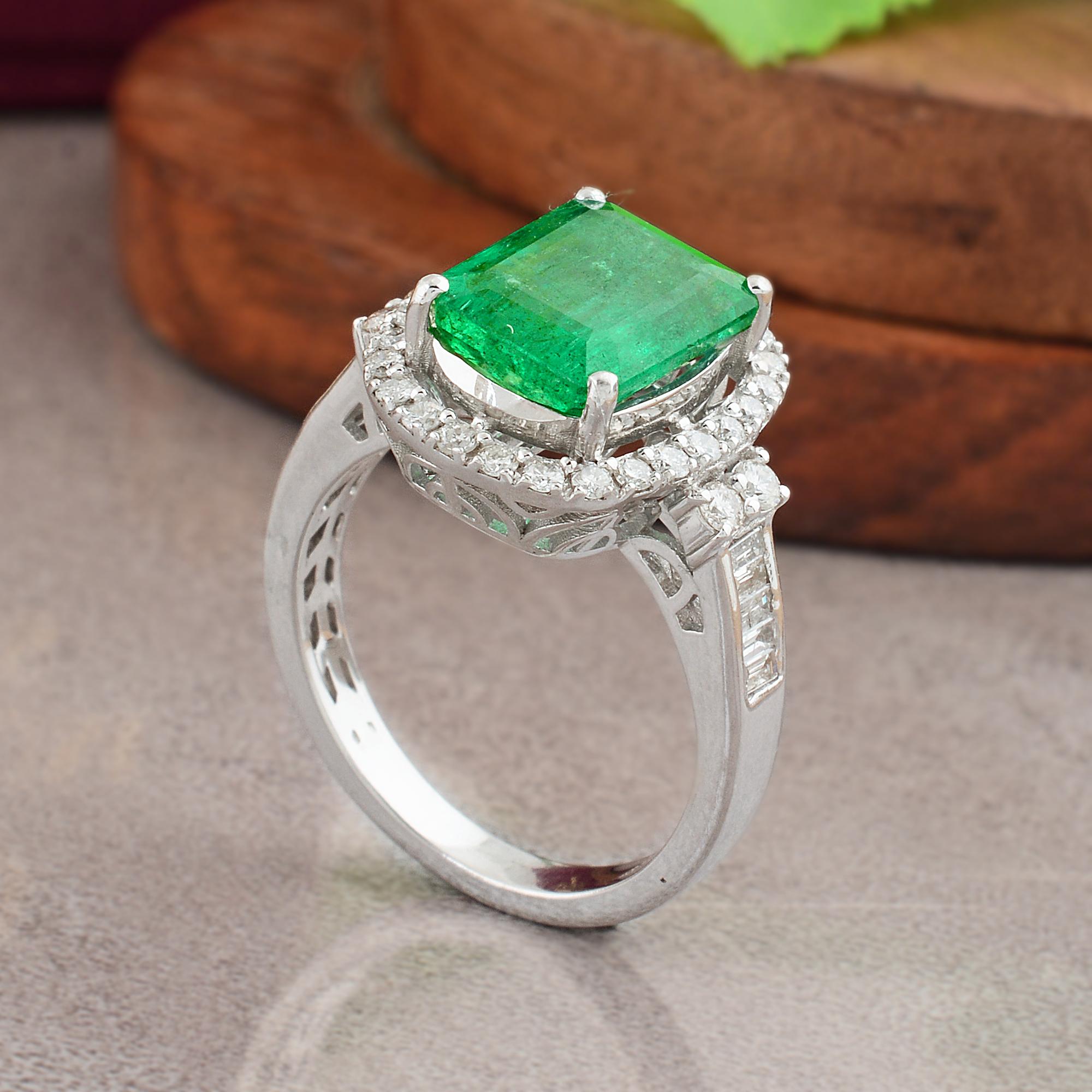 Emerald Cut Real 3.16 Carat Zambian Emerald 0.54 Carat SI/H Diamond 10 Karat White Gold Ring For Sale