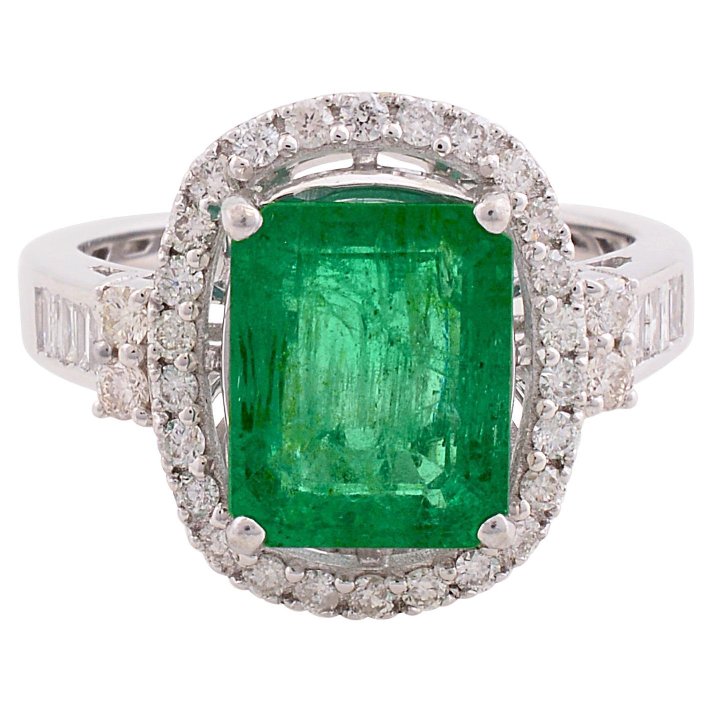 Real 3.16 Carat Zambian Emerald 0.54 Carat SI/H Diamond 10 Karat White Gold Ring