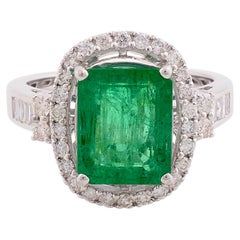Real 3.16 Carat Zambian Emerald 0.54 Carat SI/H Diamond 10 Karat White Gold Ring