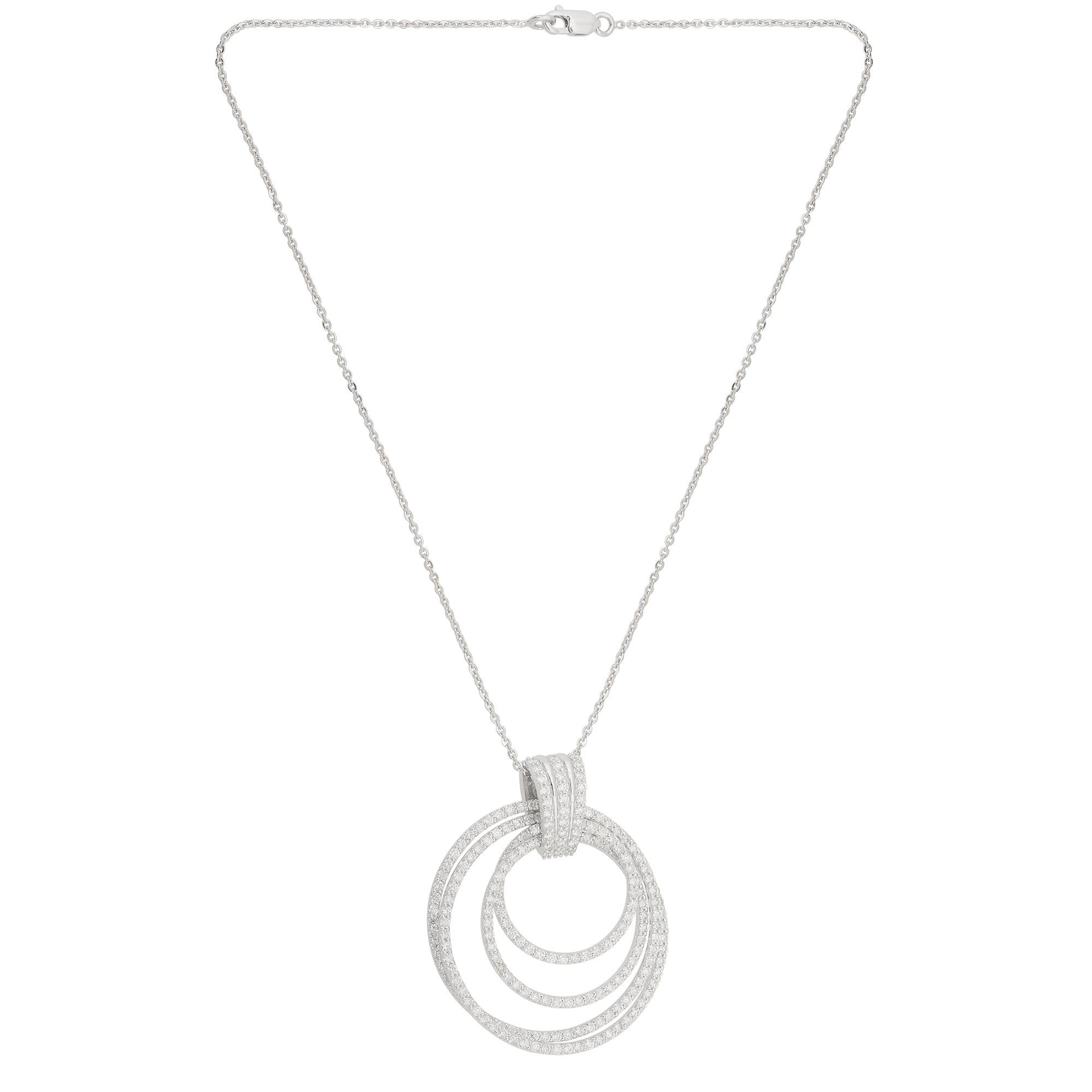 This exquisite pendant necklace showcases a collection of real diamonds with a total weight of 3.20 carats, featuring SI clarity and HI color grades. The diamonds are meticulously set in a captivating multi-circle pendant design crafted from 14