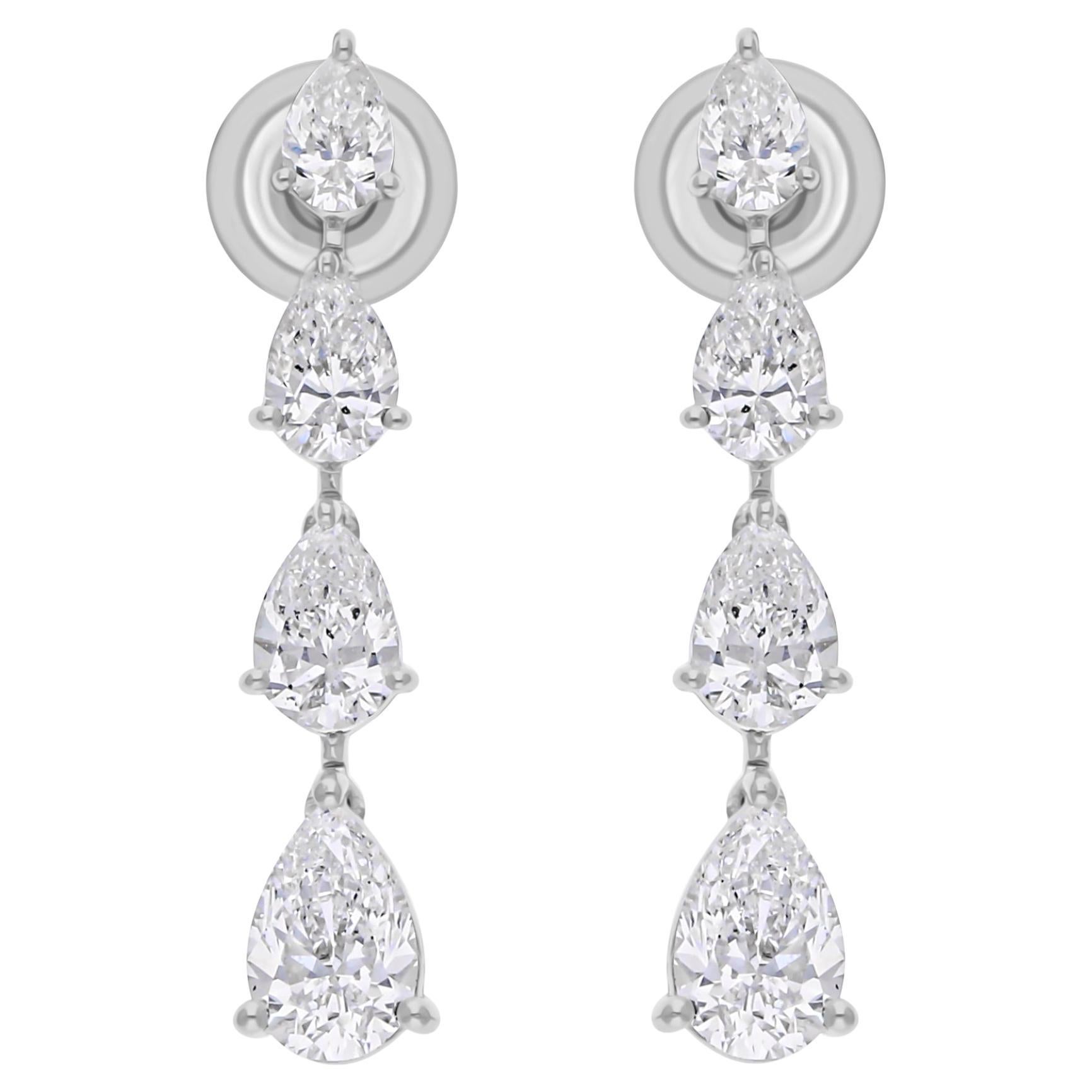 Real 3.23 Carat SI/H Pear Graduated Diamond Dangle Earrings 18 Karat White Gold