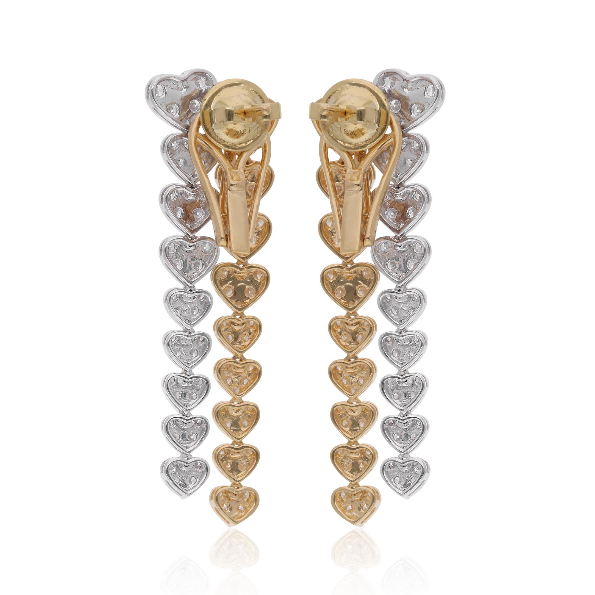 Women's Real 3.36 Carat Diamond Multi Heart Dangle Earrings 18 Karat Yellow White Gold For Sale