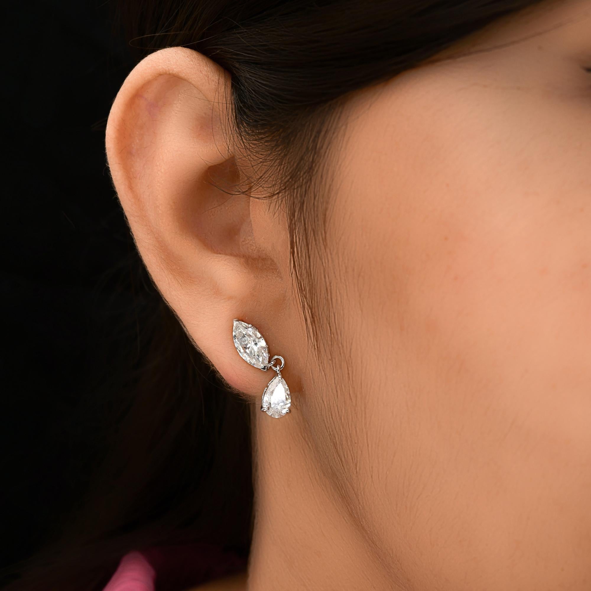 Modern Real 3.44 Carat SI/H Pear Marquise Diamond Earrings 14 Karat White Gold Jewelry For Sale