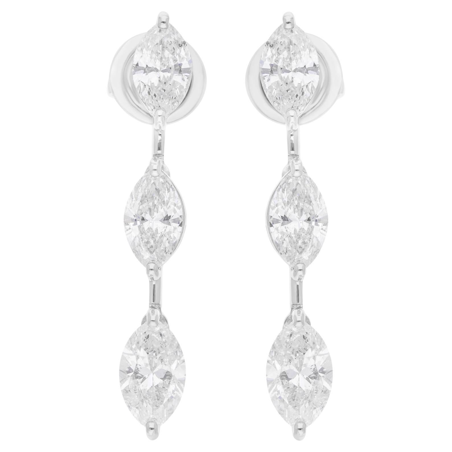 3.45ct SI/H Three Marquise Diamond Drop Earrings 14 Karat White Gold