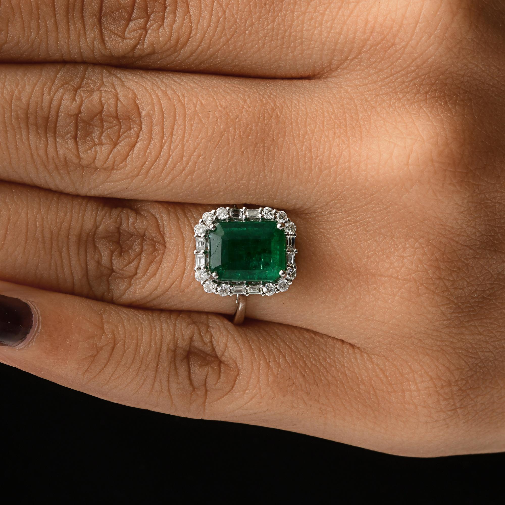 Emerald Cut Real 3.47 Carat Zambian Emerald Cocktail Ring 0.47 Carat Diamond 18k White Gold For Sale