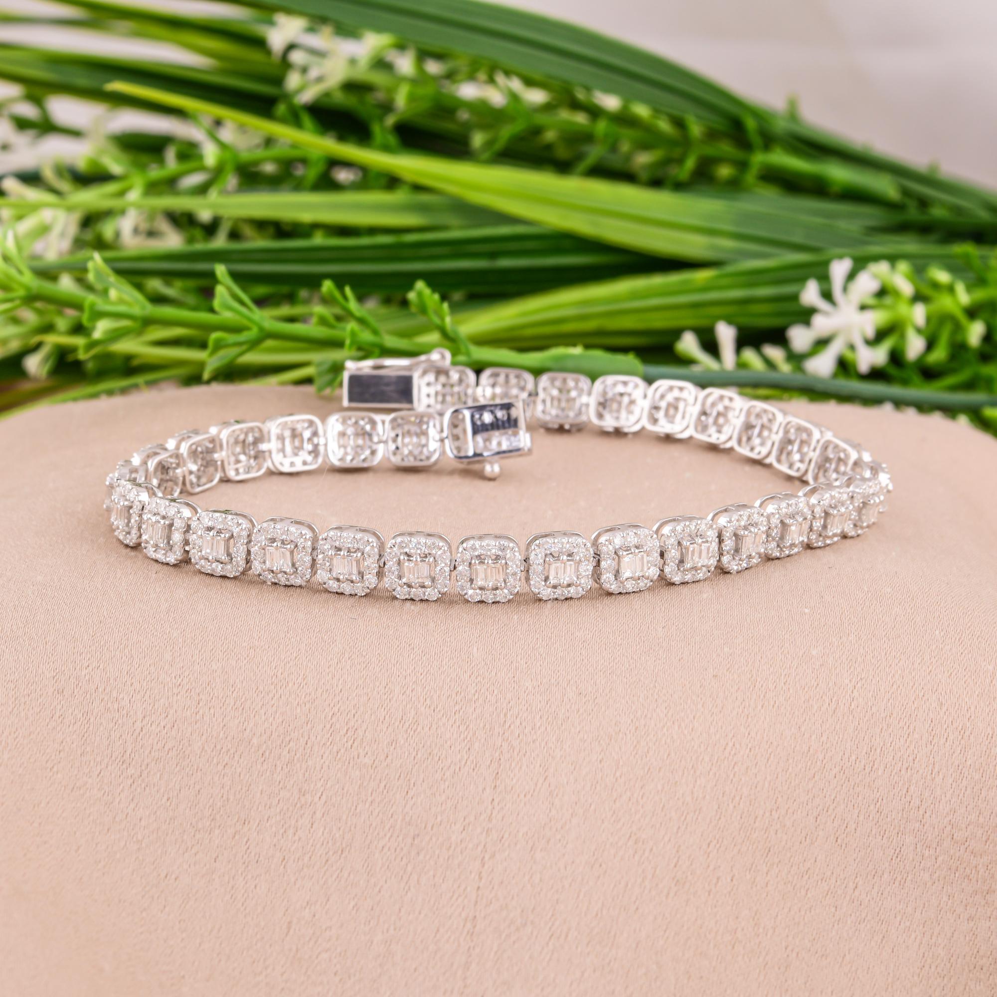 Modern Real 3.65 Carat SI/H Baguette Round Diamond Bracelet 14 Karat White Gold Jewelry For Sale