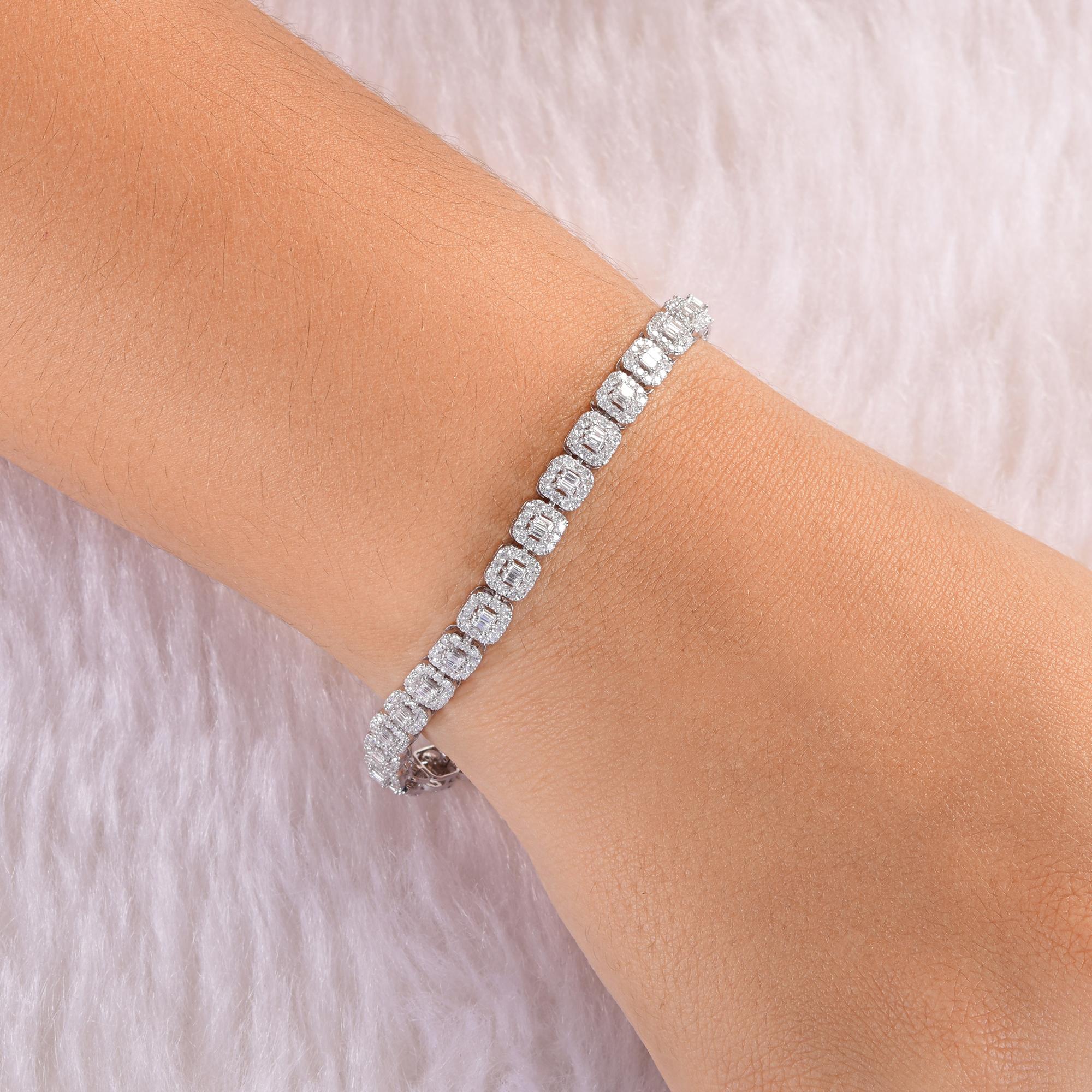 Baguette Cut Real 3.65 Carat SI/H Baguette Round Diamond Bracelet 14 Karat White Gold Jewelry For Sale