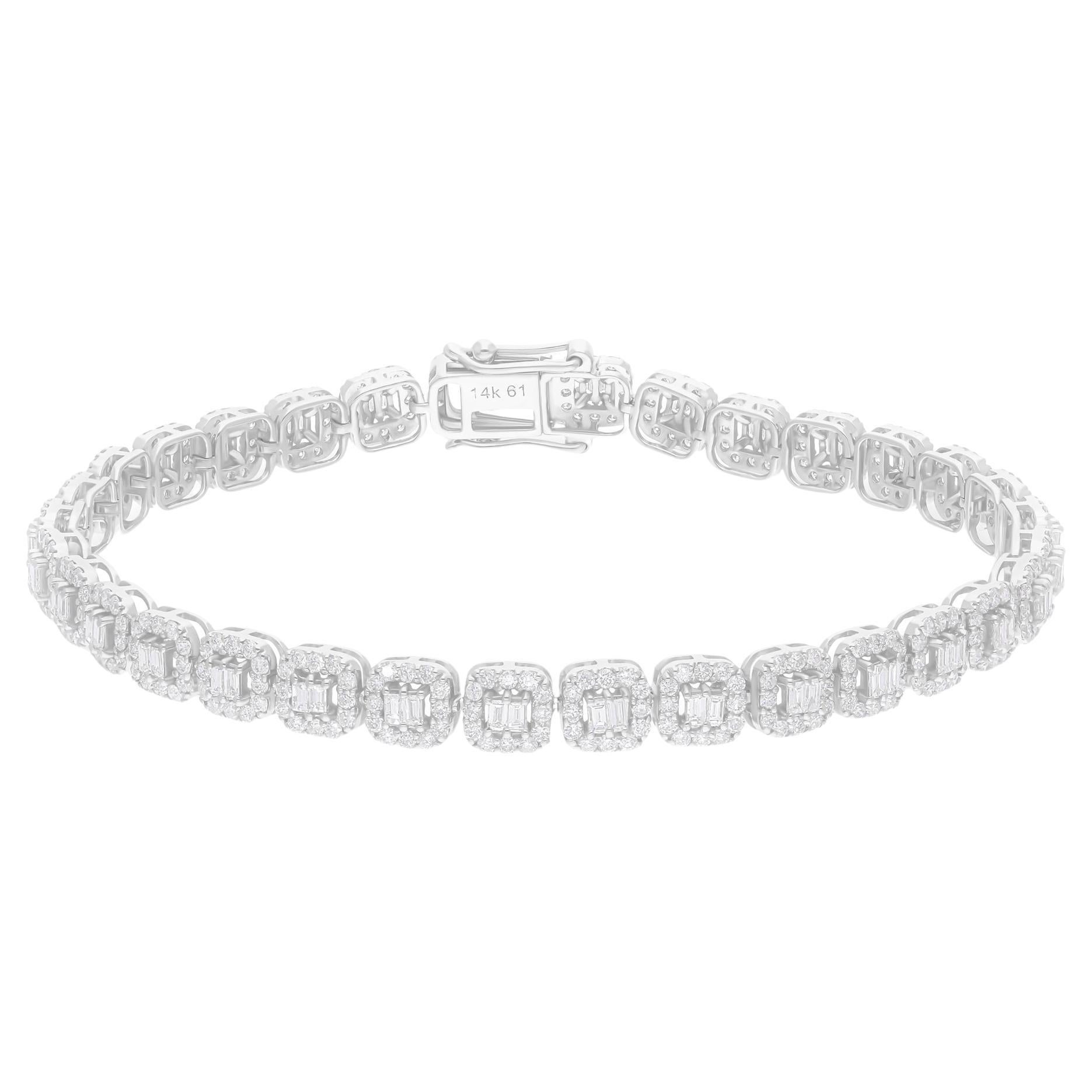 Real 3.65 Carat SI/H Baguette Round Diamond Bracelet 14 Karat White Gold Jewelry