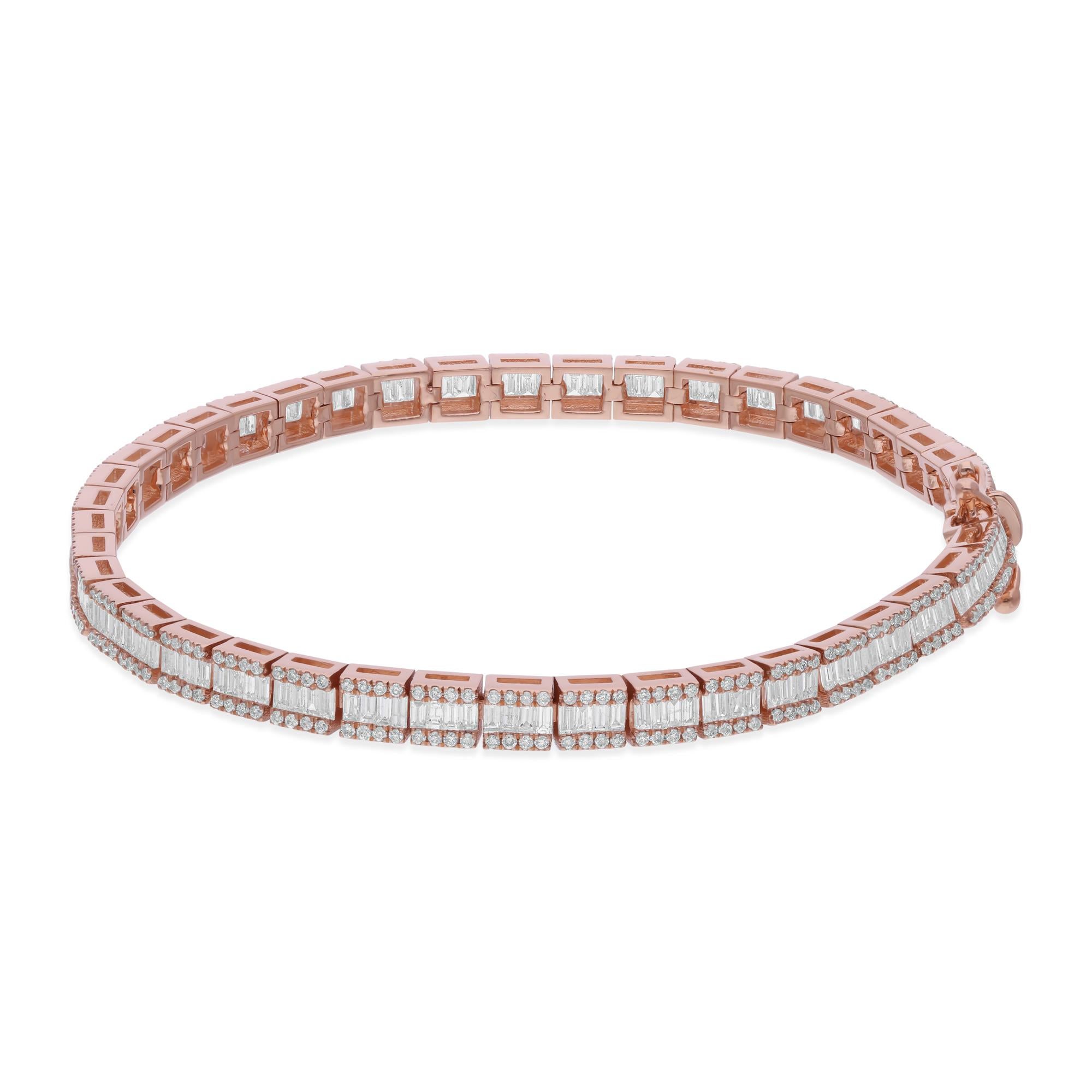 Moderne Bracelet en or rose 14 carats avec diamant baguette rond de 3,75 carats SI/H en vente