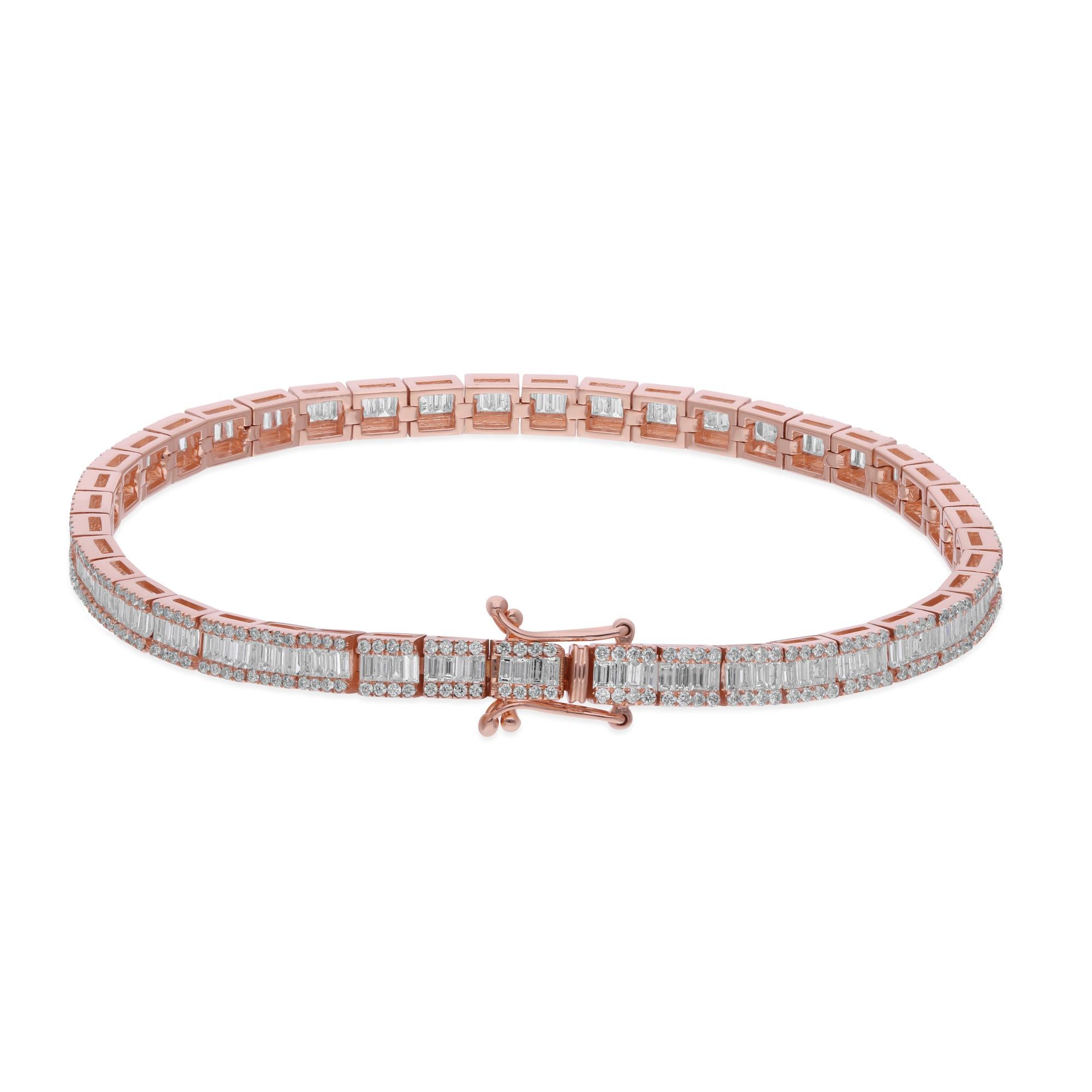 Taille baguette Bracelet en or rose 18 carats avec diamant baguette rond de 3.75 carats SI/H en vente