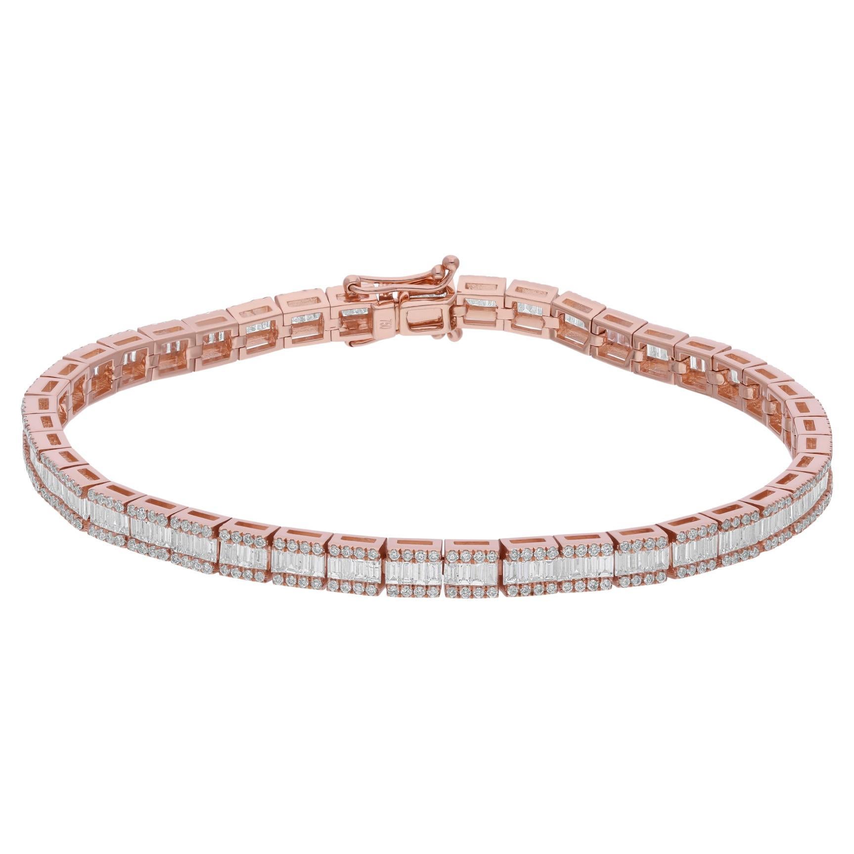 Real 3.75 Carat SI/H Baguette Round Diamond Bracelet 18 Karat Rose Gold Jewelry