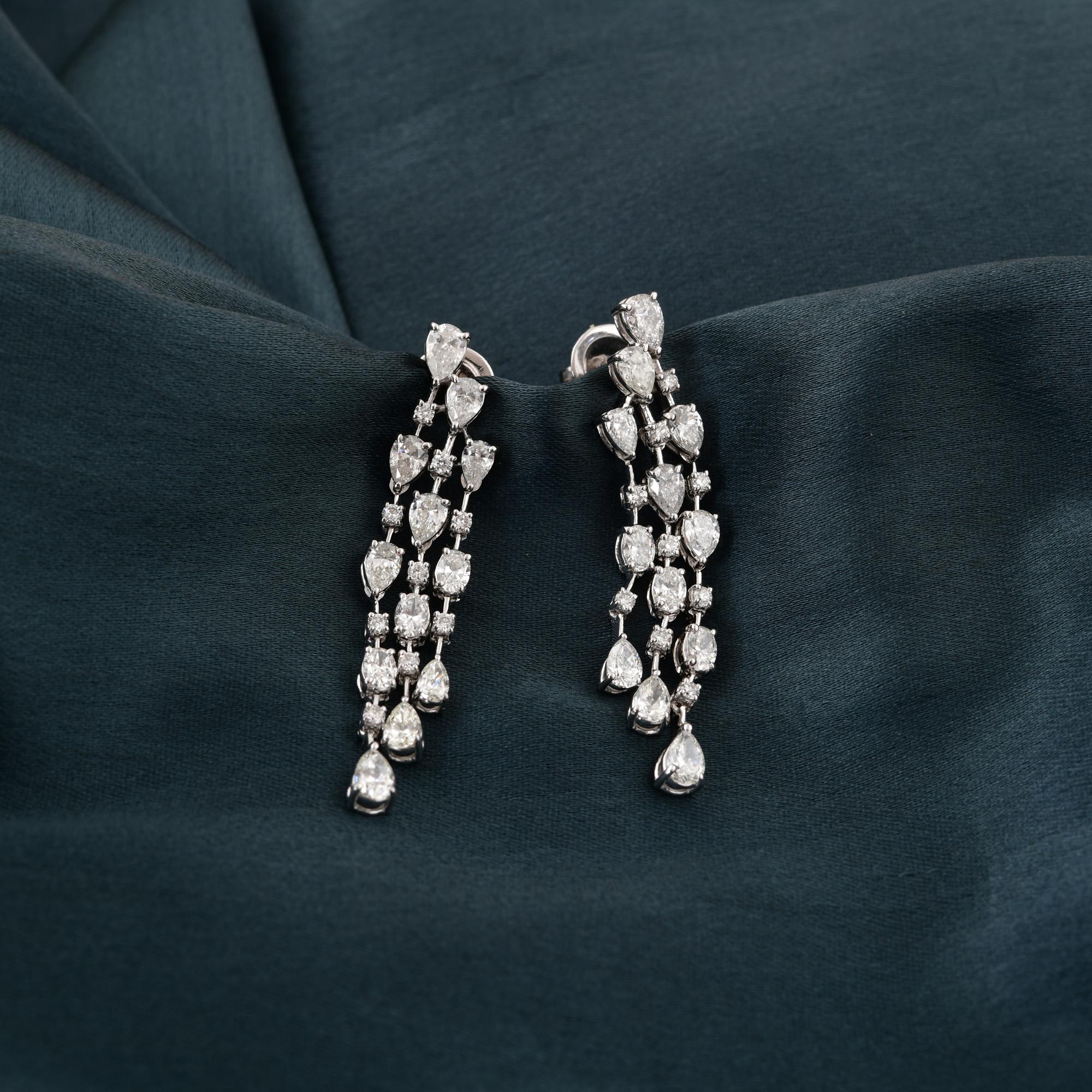 Modern Real 3.75 Carat SI/H Multi Shape Diamond Chandelier Earrings 14 Karat White Gold For Sale
