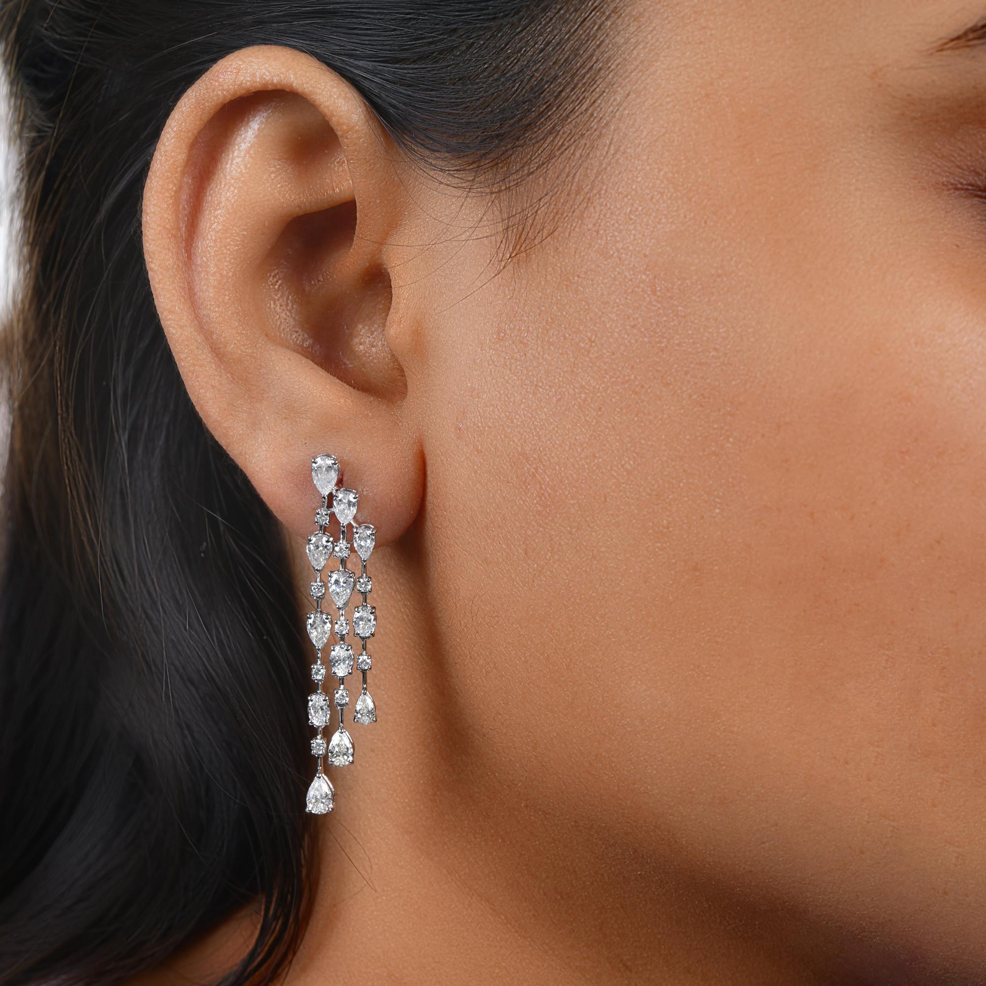 Pear Cut Real 3.75 Carat SI/H Multi Shape Diamond Chandelier Earrings 14 Karat White Gold For Sale
