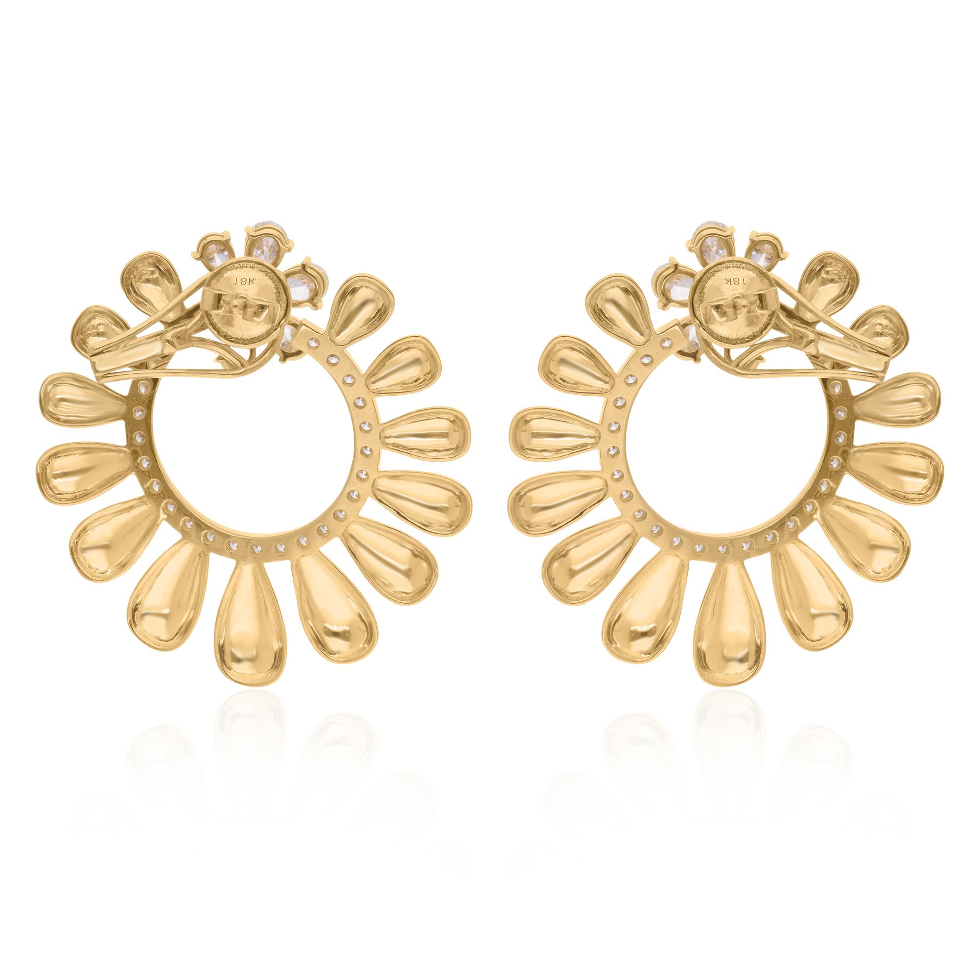 Round Cut Real 3.79 Carat Diamond Pave Hoop Earrings 14 Karat Yellow Gold Handmade Jewelry For Sale