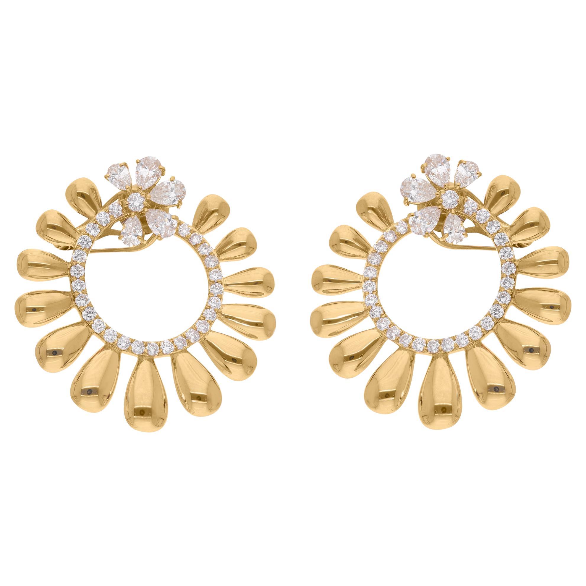 Real 3.79 Carat Diamond Pave Hoop Earrings 14 Karat Yellow Gold Handmade Jewelry For Sale