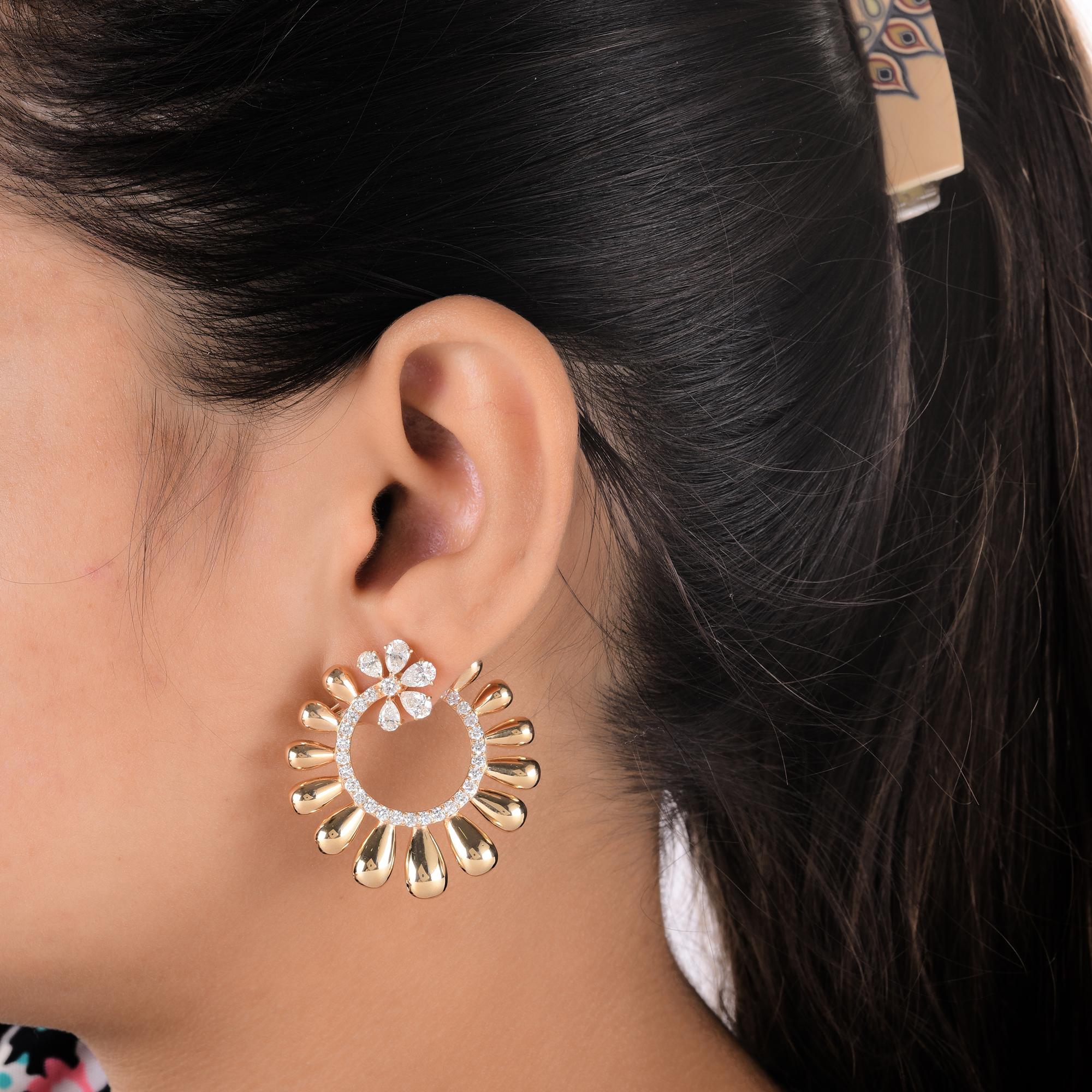 Modern Real 3.79 Carat Diamond Pave Hoop Earrings 18 Karat Yellow Gold Handmade Jewelry For Sale