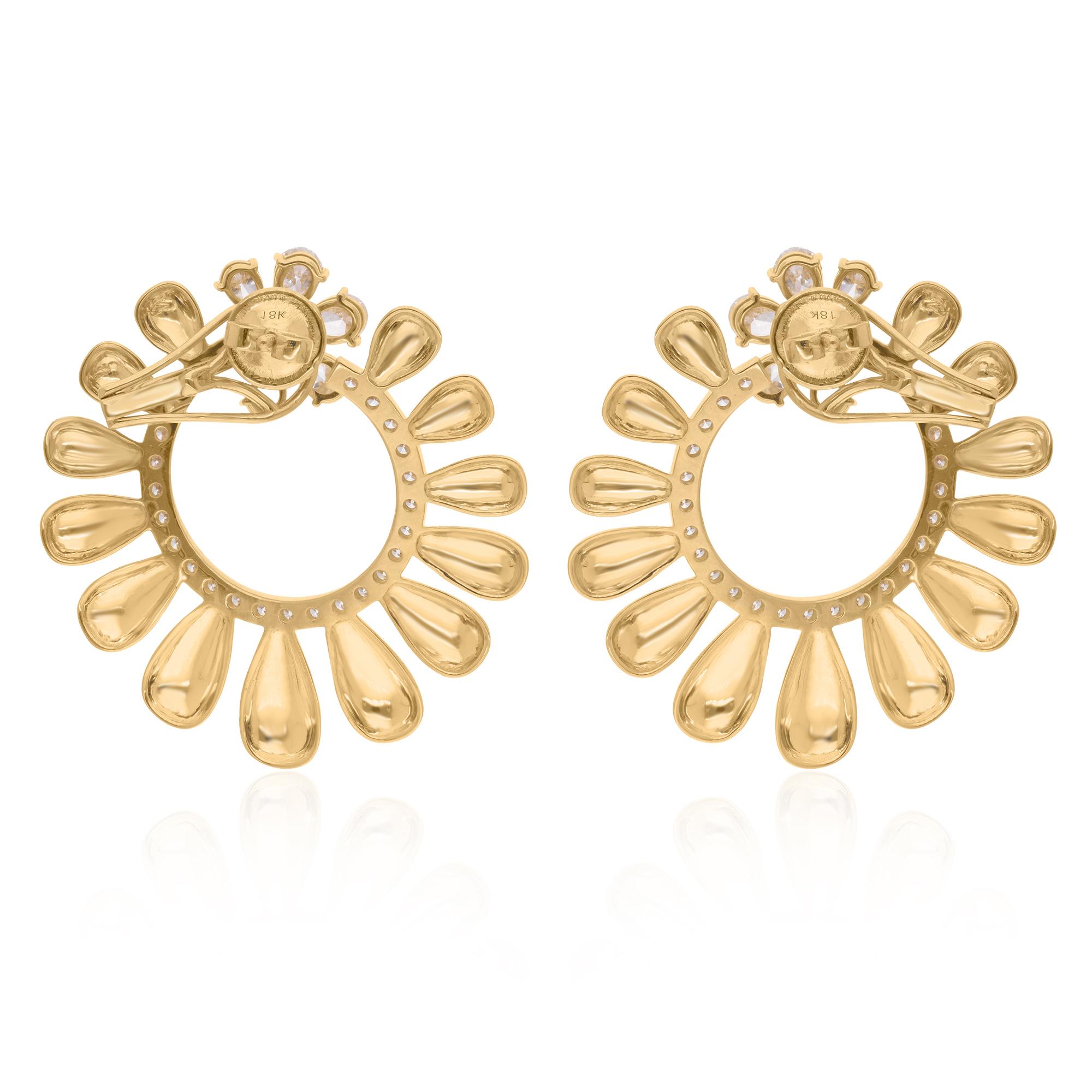 Women's Real 3.79 Carat Diamond Pave Hoop Earrings 18 Karat Yellow Gold Handmade Jewelry For Sale