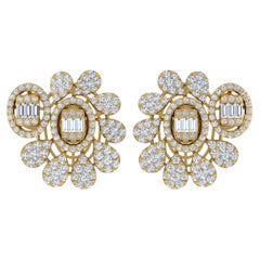 Real 3.85 Carat SI Clarity HI Color Diamond Flower Earrings 14 Karat Yellow Gold