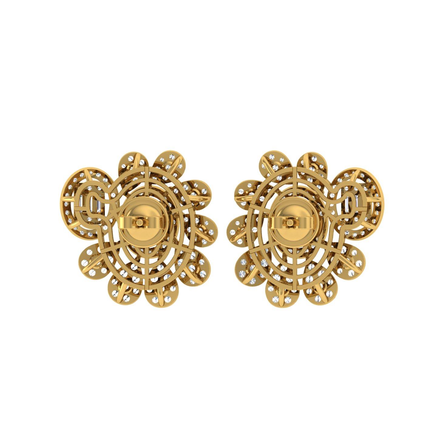 Modern Real 3.85 Carat SI Clarity HI Color Diamond Flower Earrings 18 Karat Yellow Gold For Sale