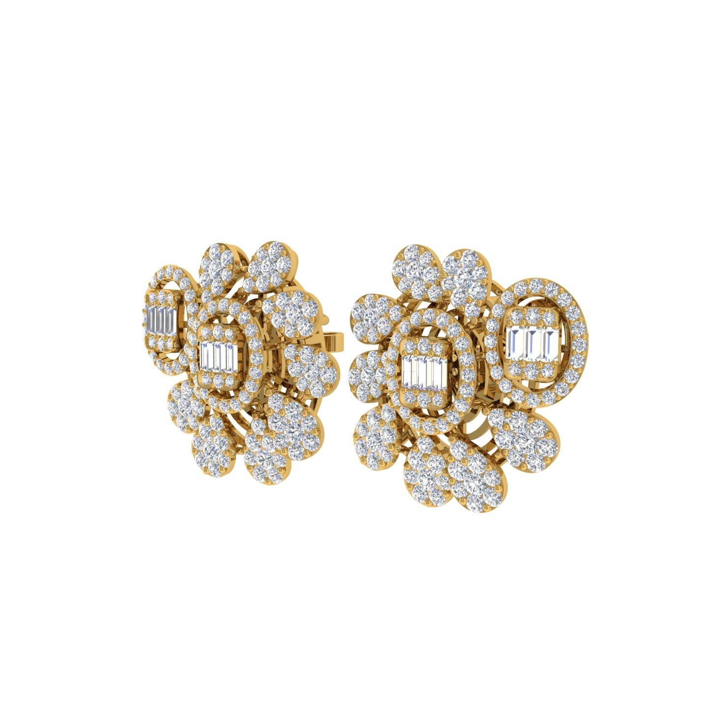 Baguette Cut Real 3.85 Carat SI Clarity HI Color Diamond Flower Earrings 18 Karat Yellow Gold For Sale