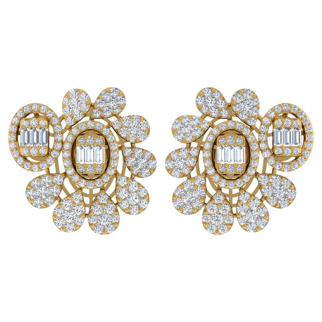 Real 3,85 Karat SI Reinheit HI Farbe Diamant-Blumen-Ohrringe 18 Karat Gelbgold