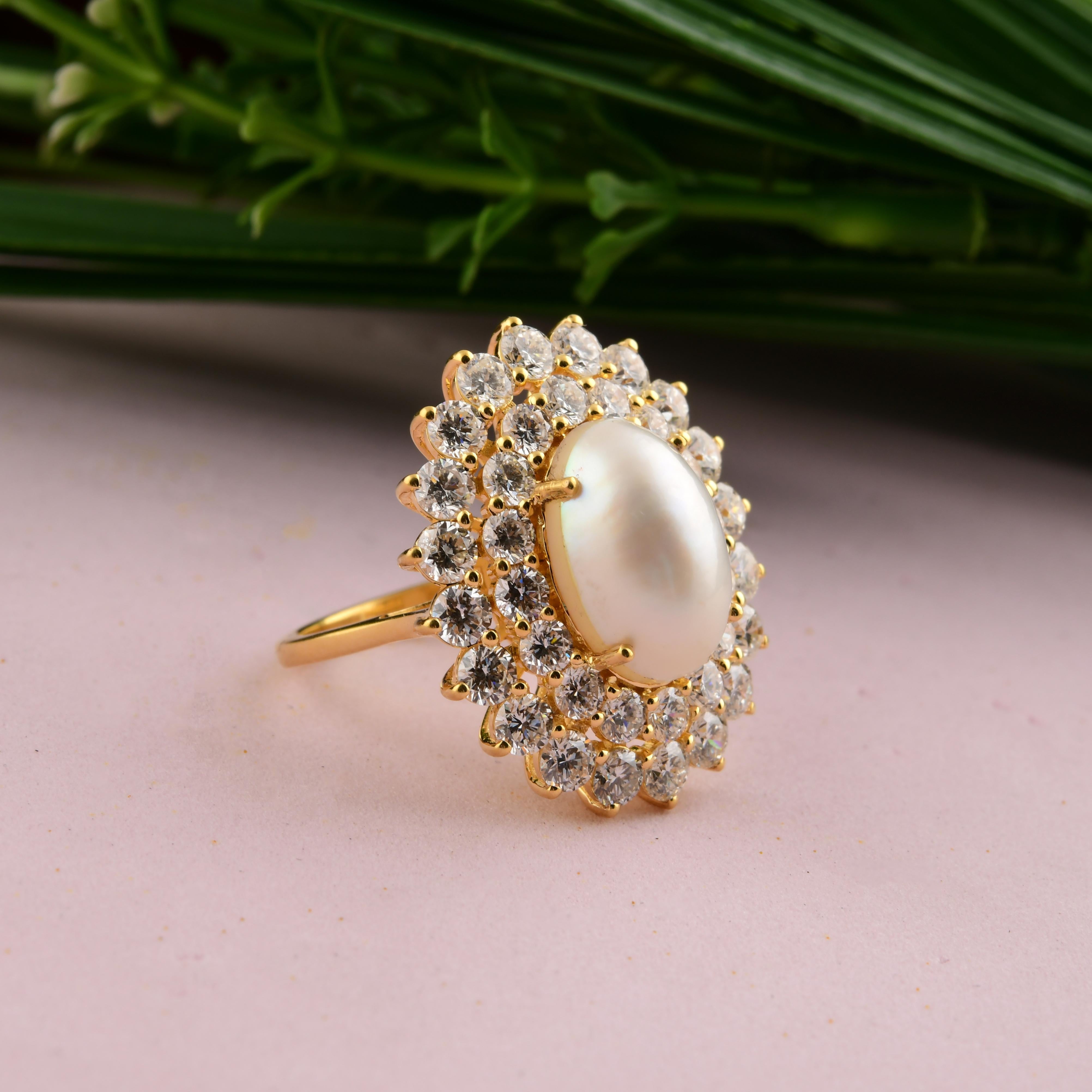 Bague de cocktail en or jaune 18 carats avec perle de 3,86 carats et diamant SI/H de 3,90 carats en vente 2