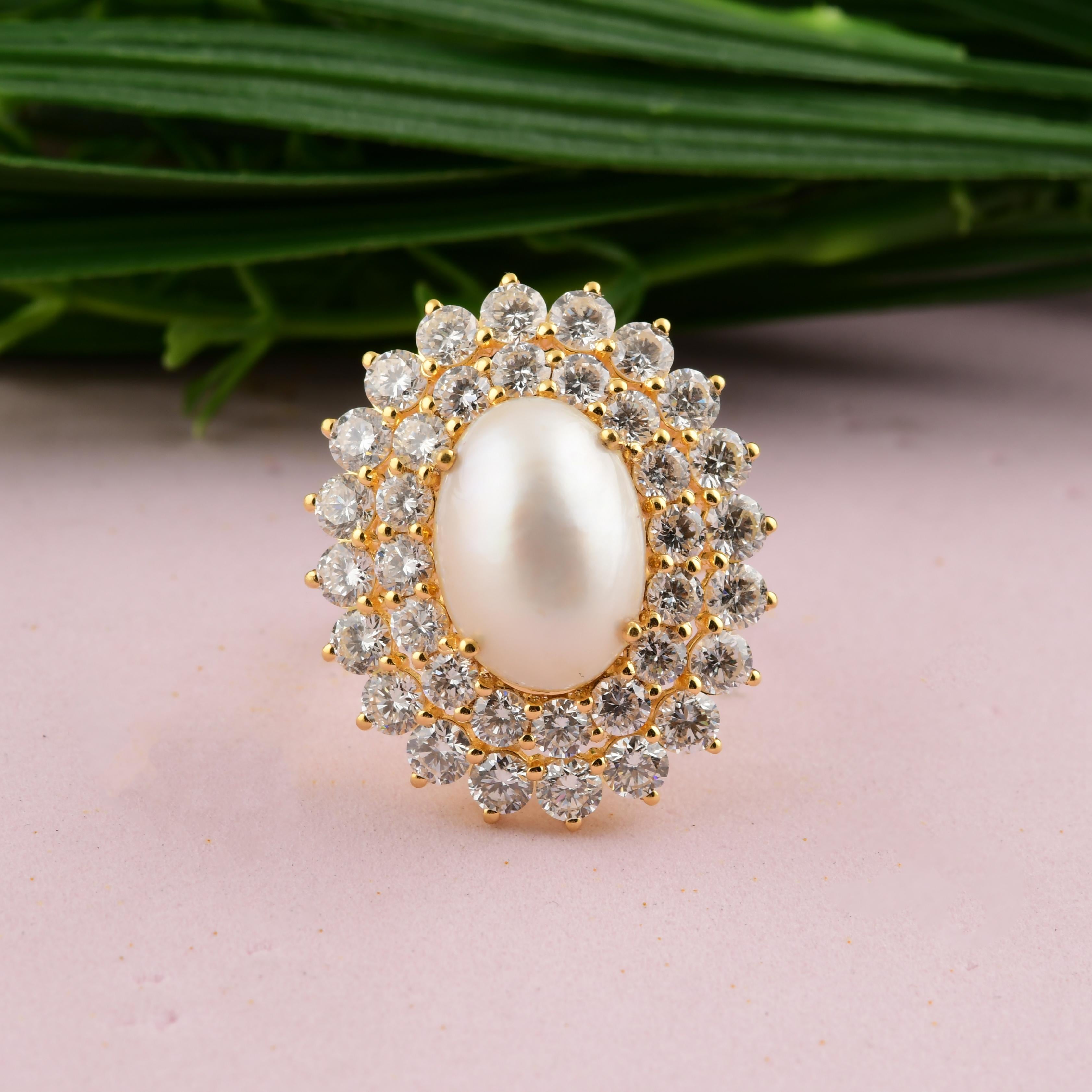 Bague de cocktail en or jaune 18 carats avec perle de 3,86 carats et diamant SI/H de 3,90 carats en vente 3