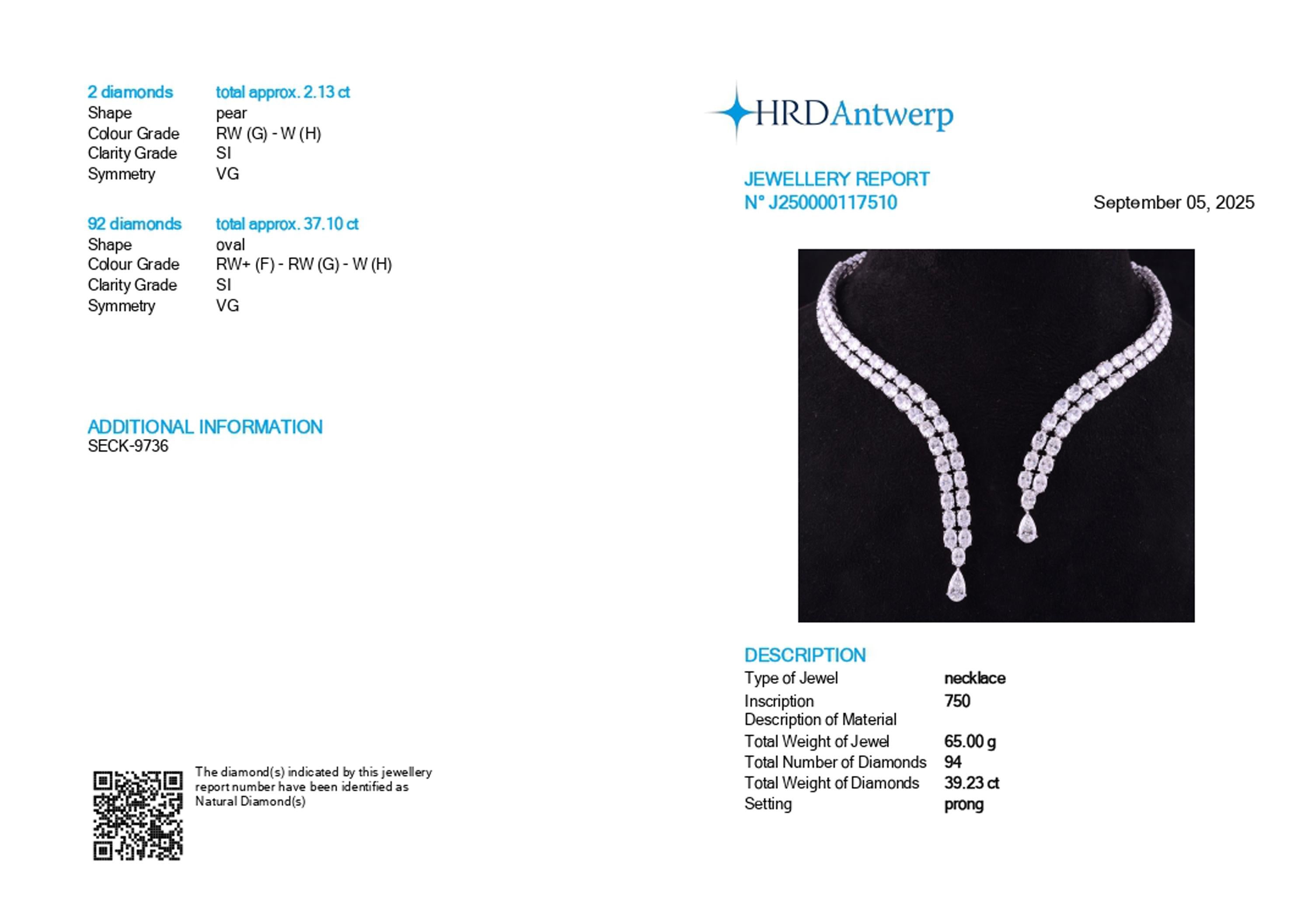 Vero 39,23 carati SI Clarity HI Color Collana di diamanti a girocollo in oro bianco 18 carati In condizioni Nuovo in vendita a Diera, Dubai