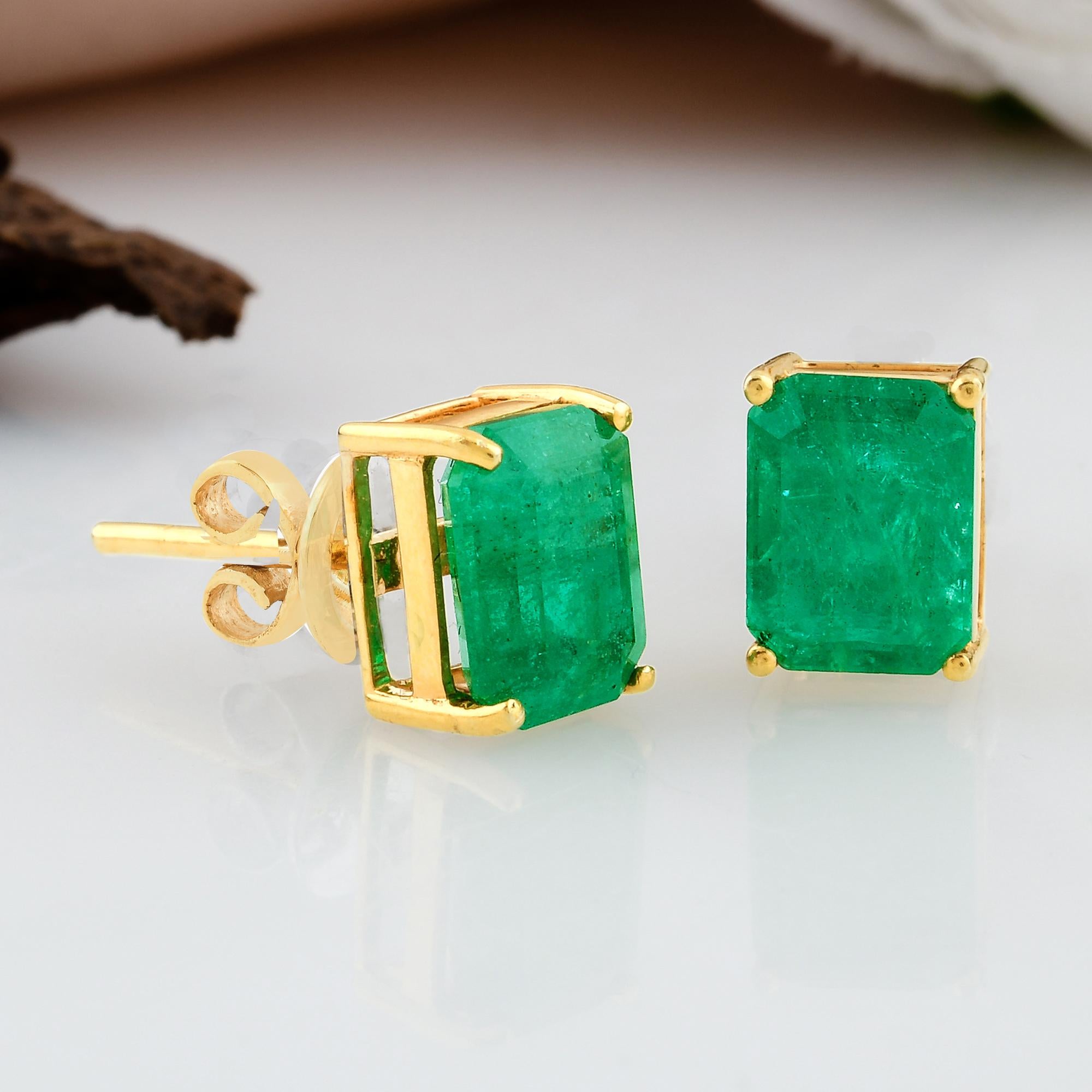 Octagon Cut Real 4 Carat Natural Emerald Gemstone Stud Earrings 18k Yellow Gold Fine Jewelry For Sale