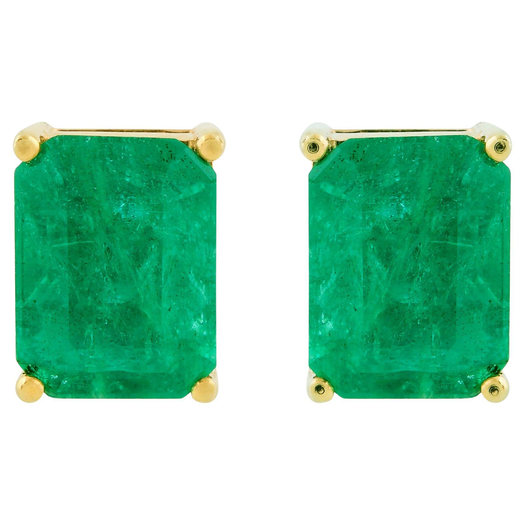 Real 4 Carat Natural Emerald Gemstone Stud Earrings 18k Yellow Gold Fine Jewelry For Sale